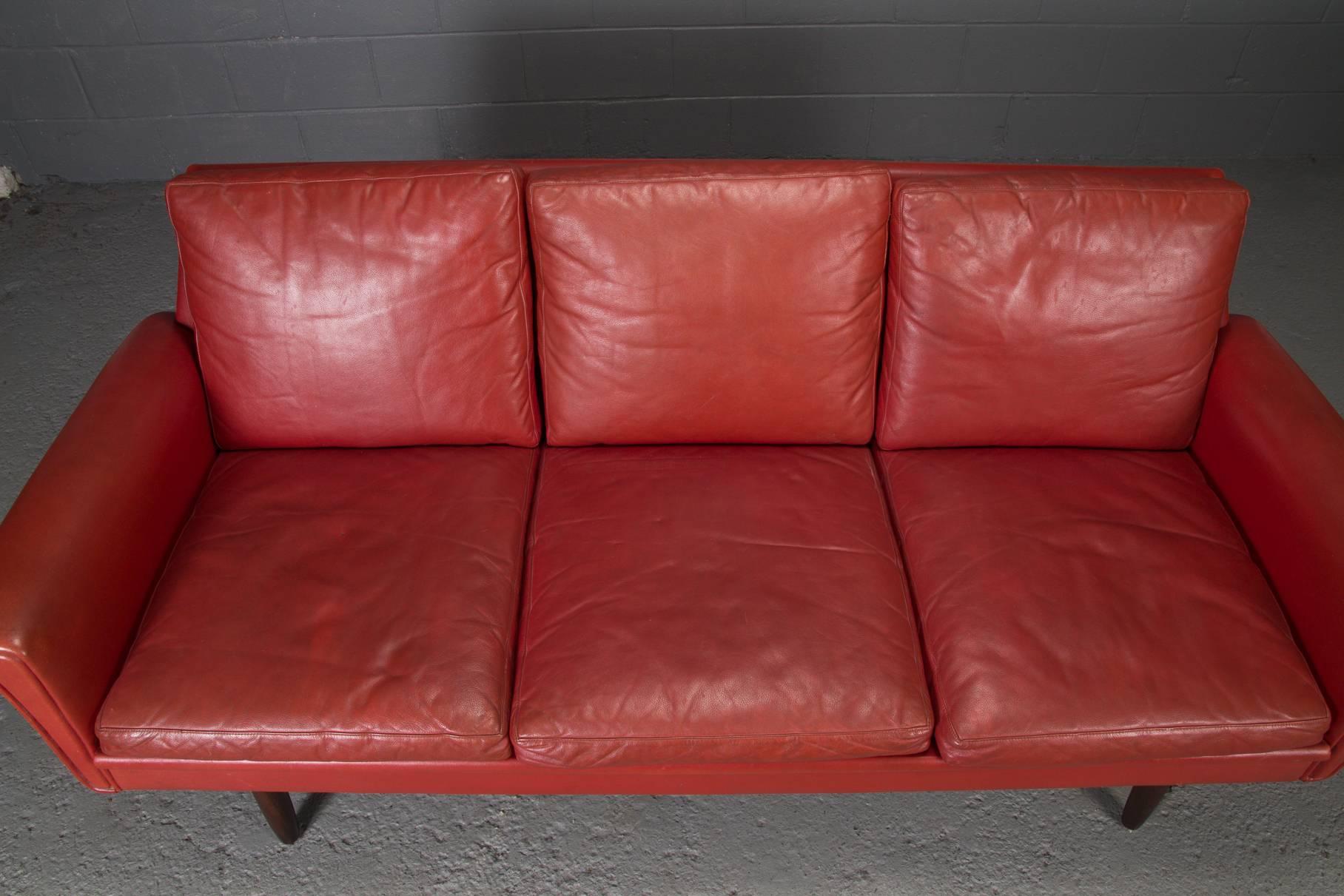 Red Leather Danish Modern Sofa 3