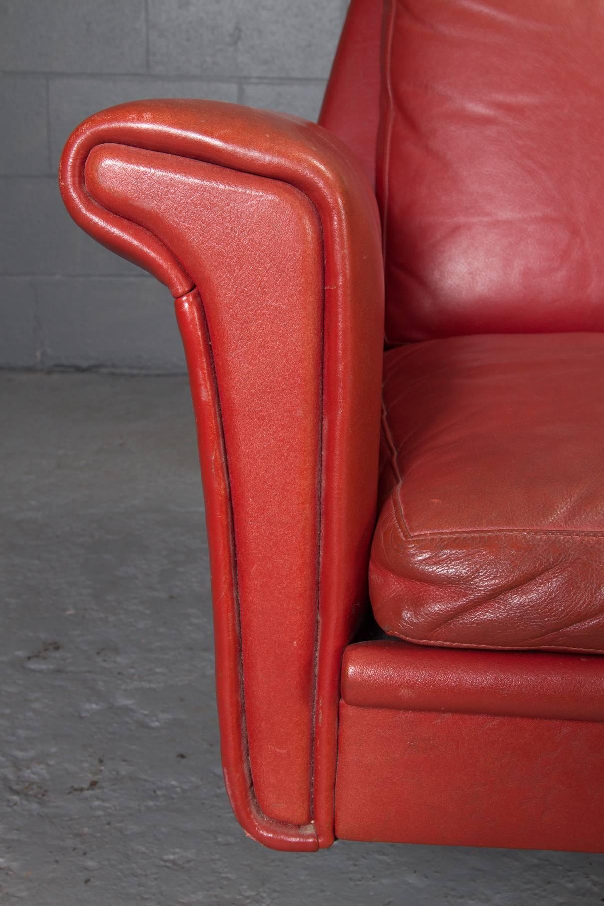 Red Leather Danish Modern Sofa 4