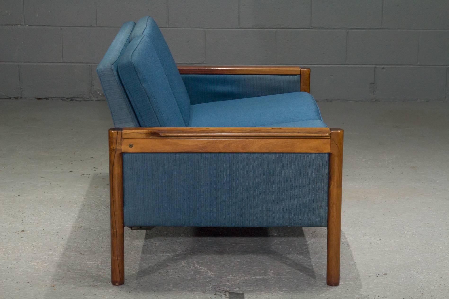 Mid-Century Modern Danish Modern Rosewood Settee with Blue Textile For Sale