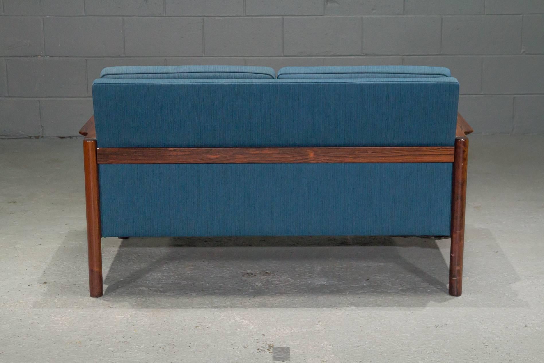Danish Modern Rosewood Settee with Blue Textile In Good Condition For Sale In Belmont, MA