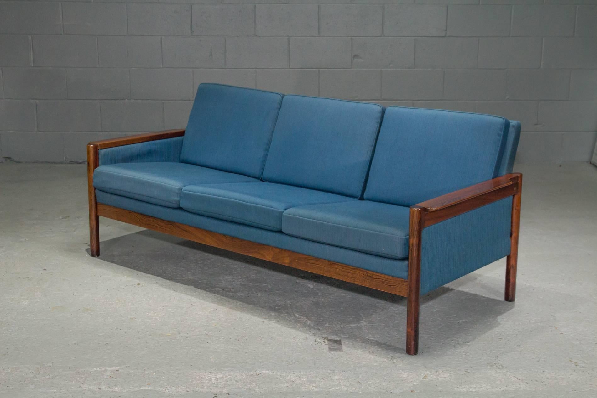 20th Century Three-Seat Danish Modern Rosewood Sofa with Blue Textile