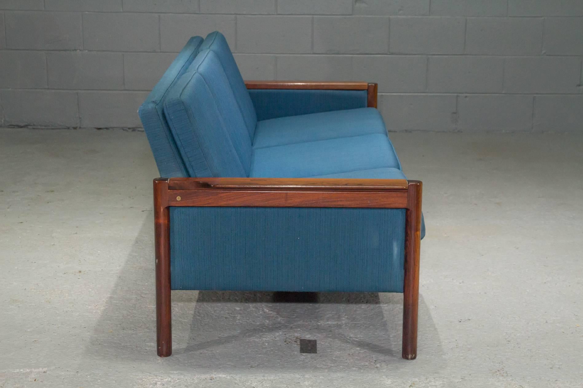 Mid-Century Modern Three-Seat Danish Modern Rosewood Sofa with Blue Textile