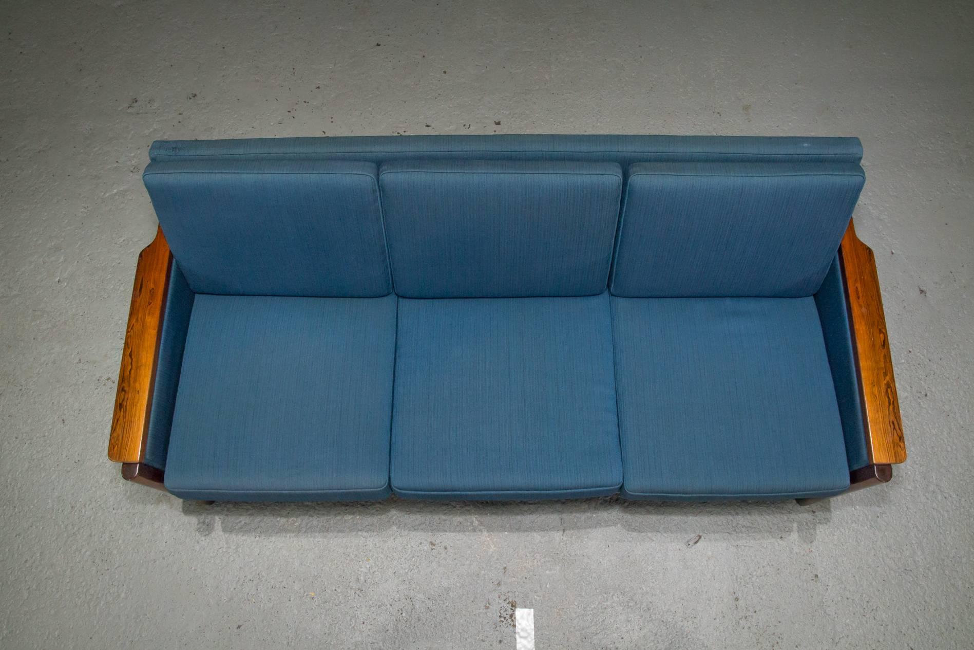 Three-Seat Danish Modern Rosewood Sofa with Blue Textile 1