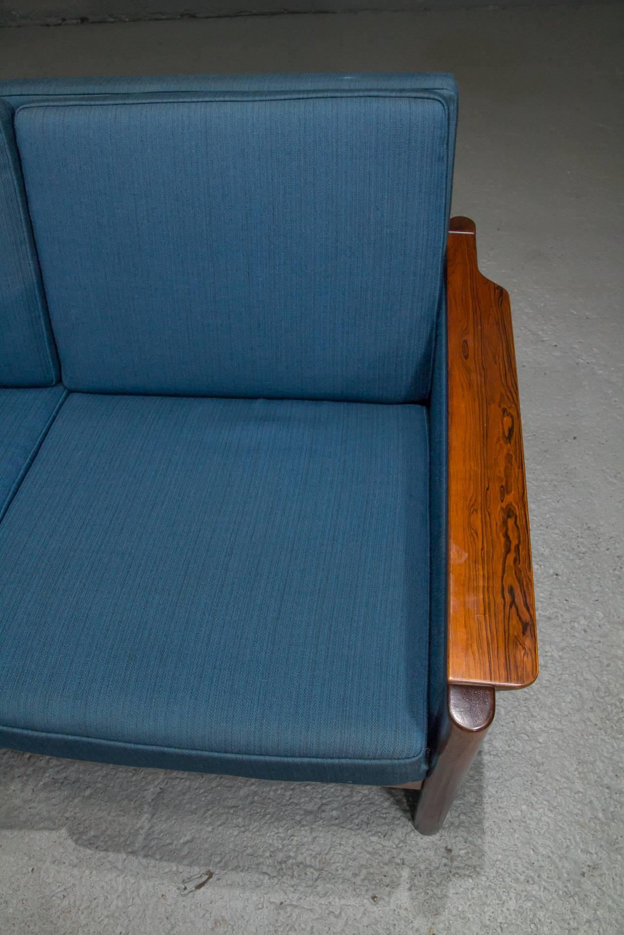 Three-Seat Danish Modern Rosewood Sofa with Blue Textile 3