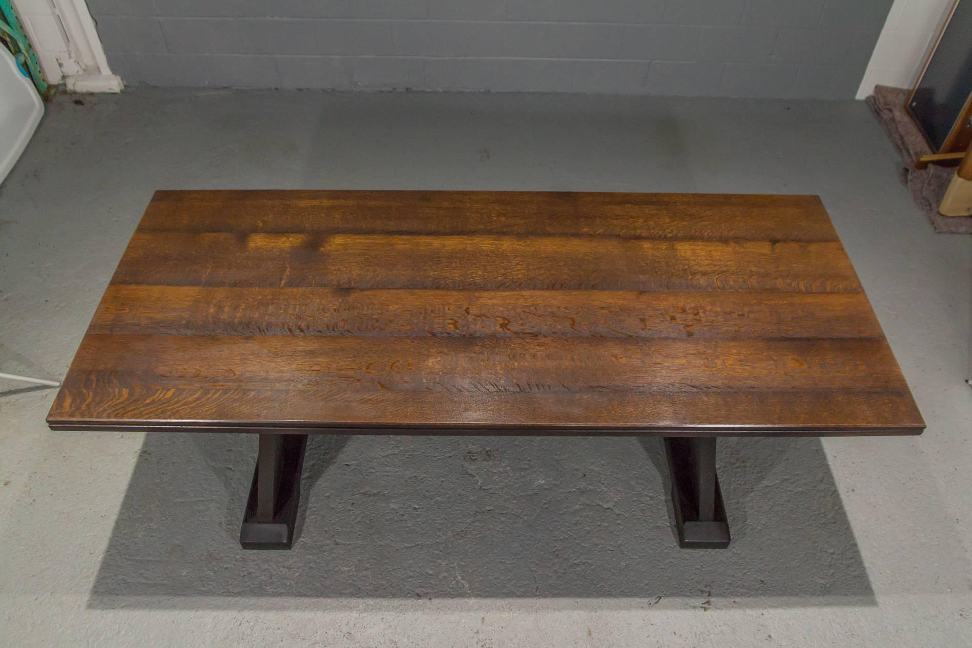 1900s Solid Oak American Arts and Crafts Trestle Farm Table 1