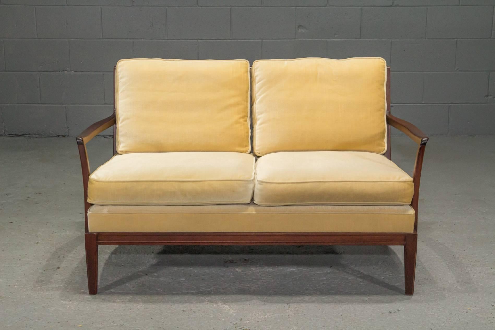 Danish Modern Loveseat Settee with Down Cushions upholstered in a gold mohair/velvet. Matching armchair also available. 