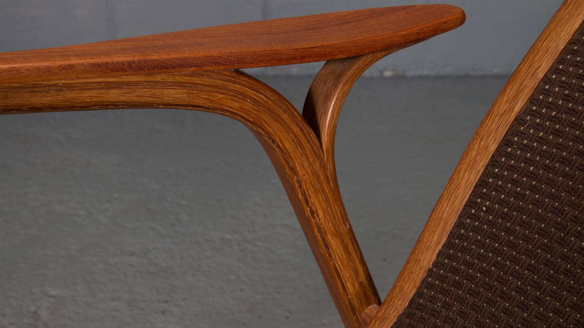 Textile Pair of Oak and Teak Lamino Lounge Chairs by Yngve Ekstrom