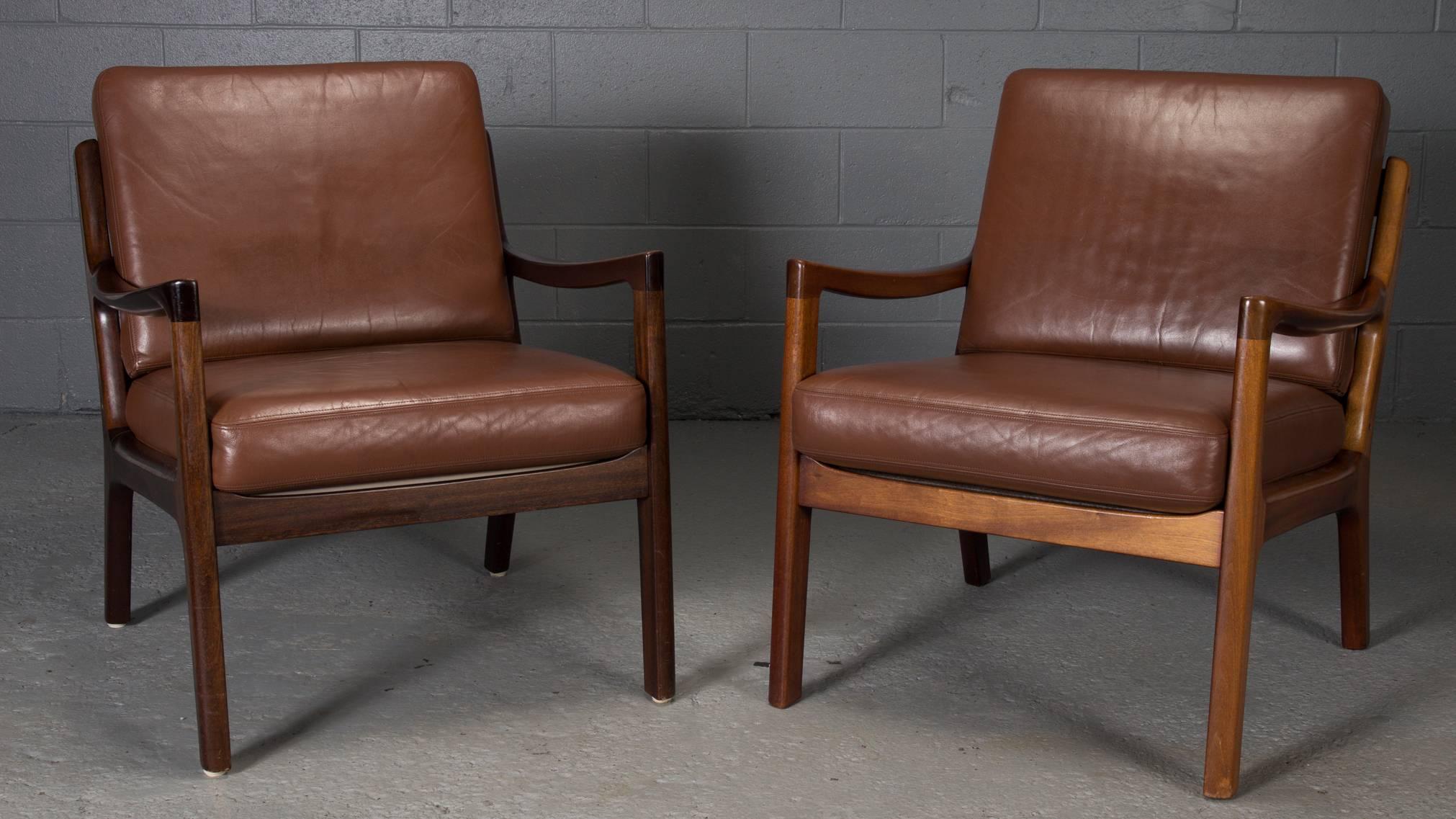 Danish Pair of Senator Chairs by Ole Wanscher in Brown Leather