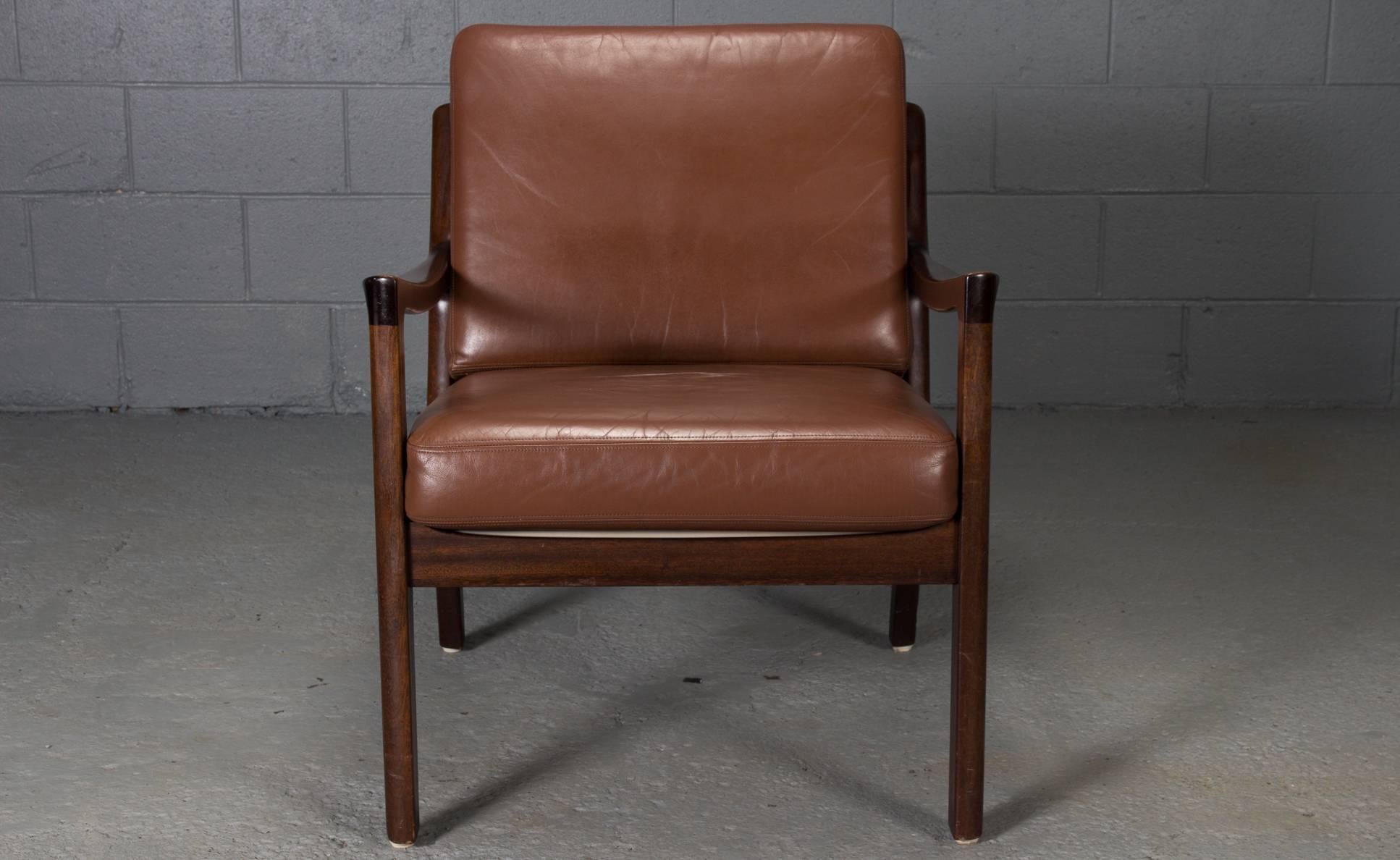 Pair of Senator Chairs by Ole Wanscher in Brown Leather In Good Condition In Belmont, MA