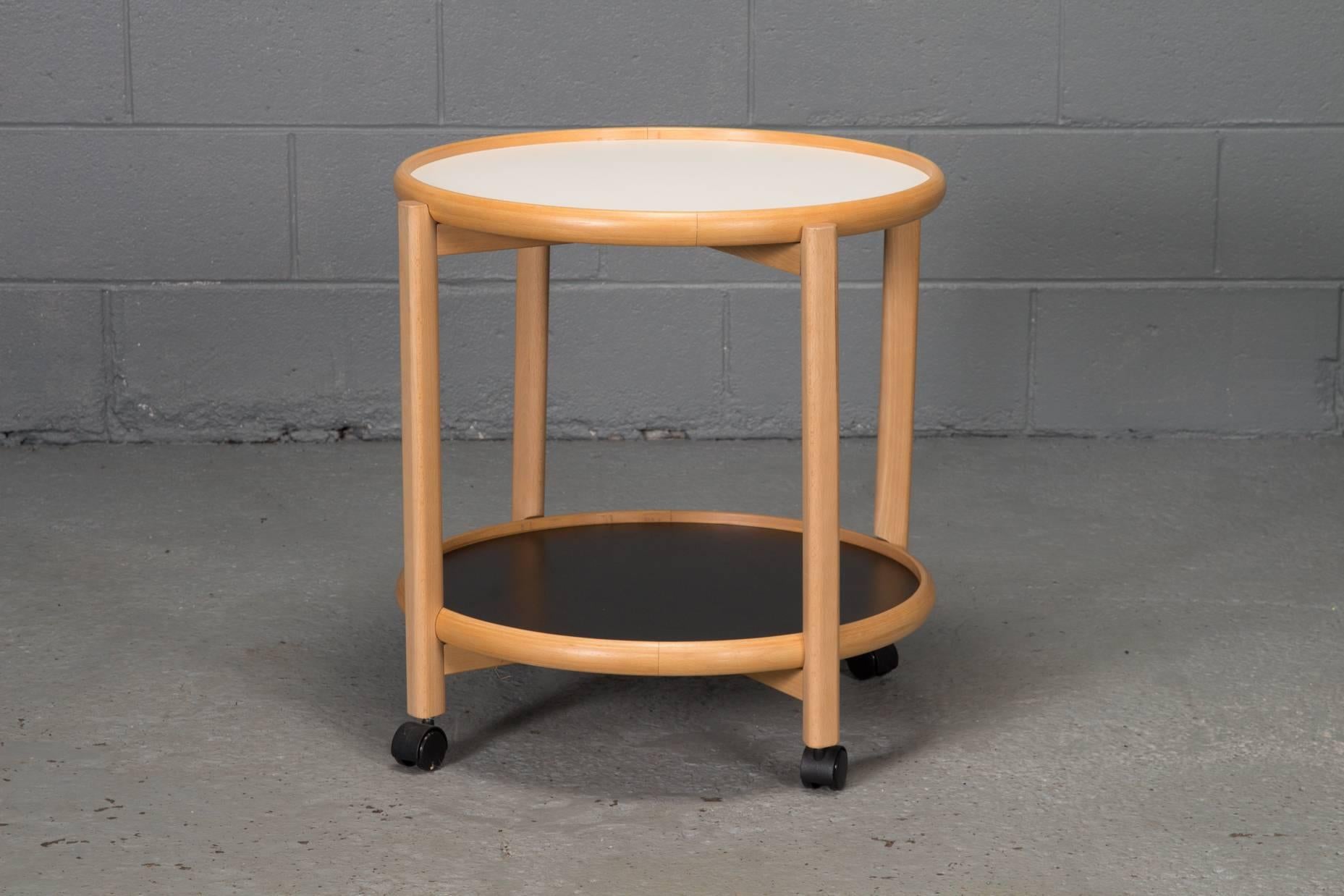 Mid-Century Modern Two-Tier Reversible Top Beech and Laminate Side Table on Casters