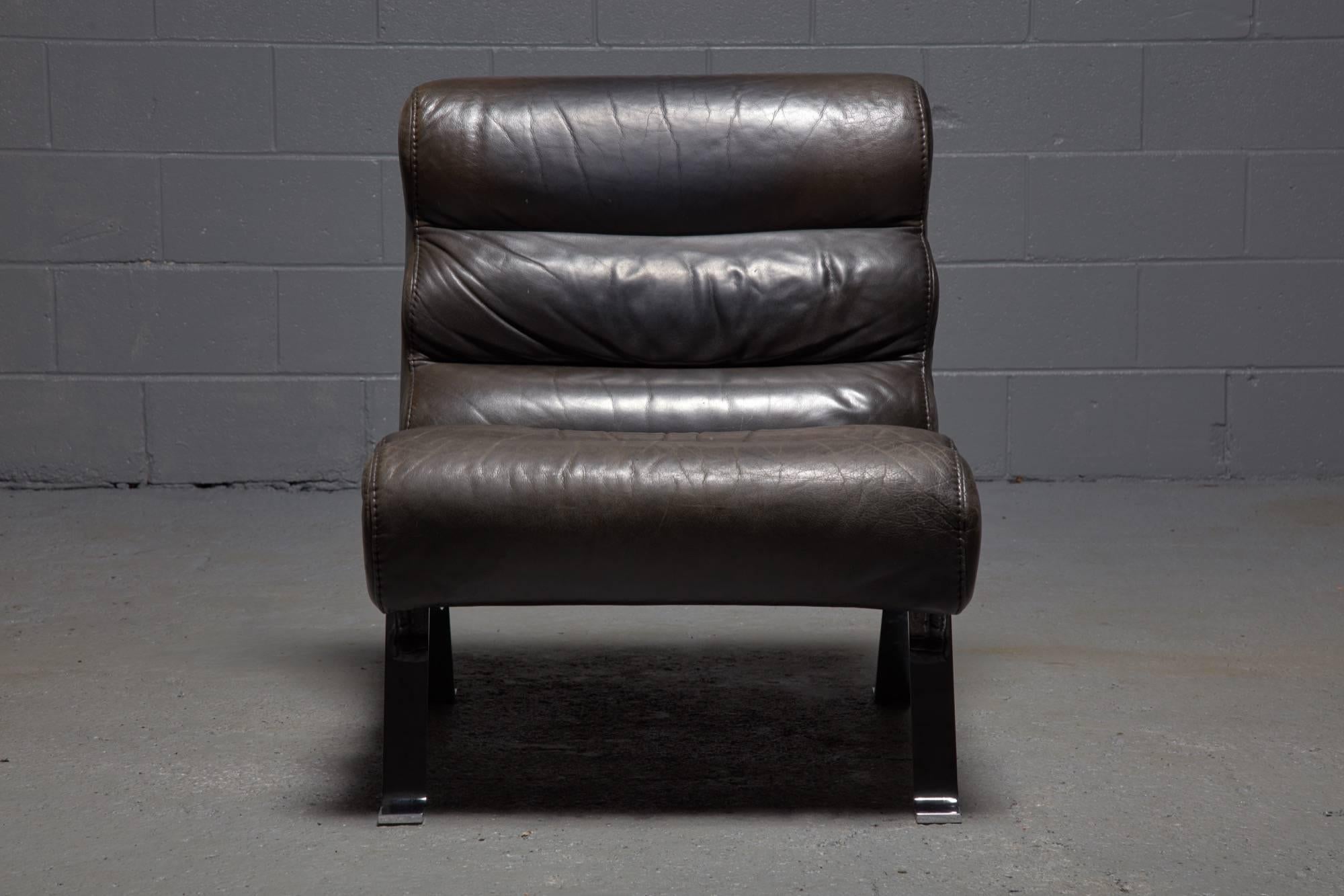 Swedish Leather and Steel Lounge Chair in the style of Arne Norell