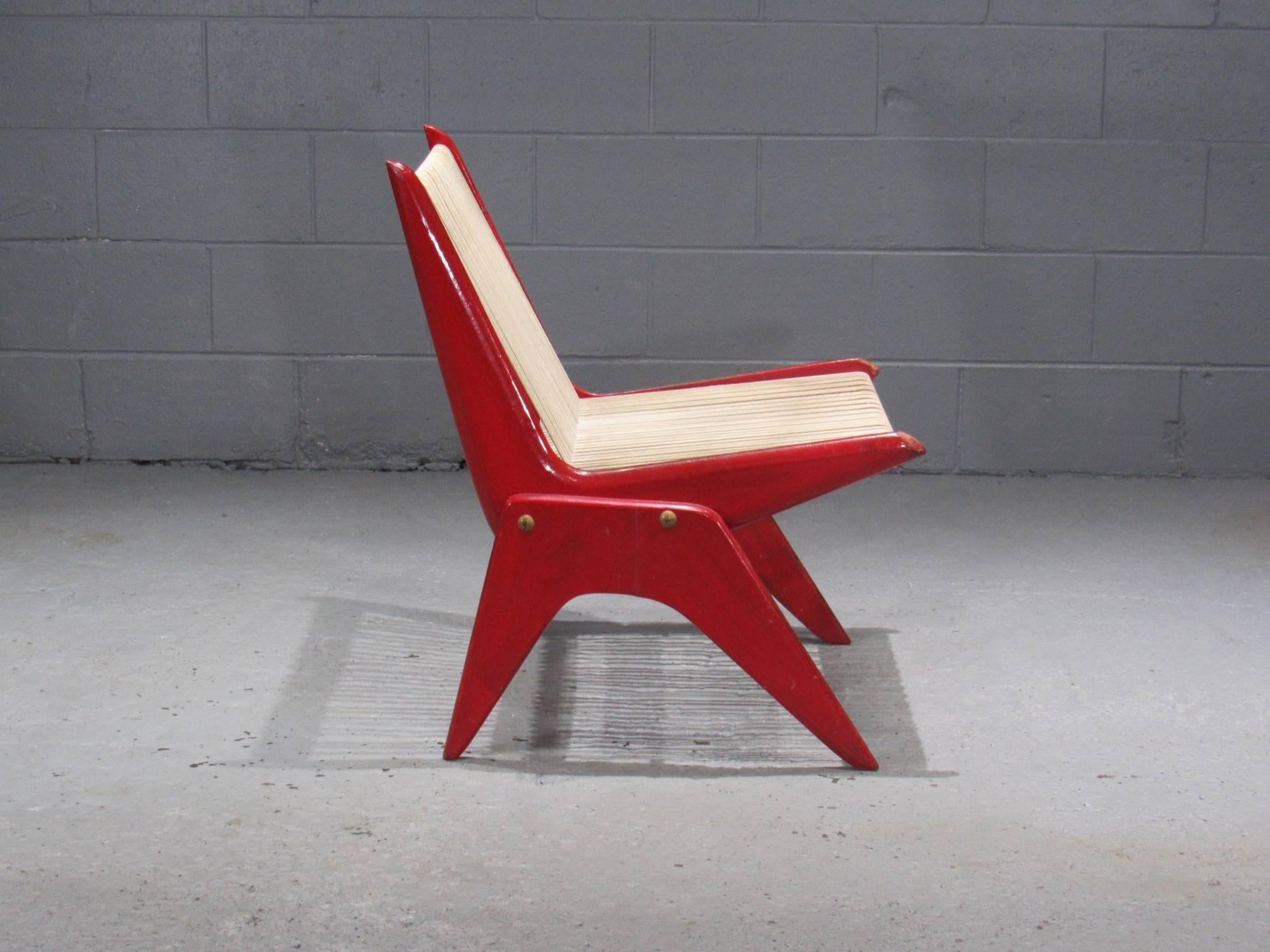 Red Painted Wood and Rope Scissor Chair In Fair Condition In Belmont, MA