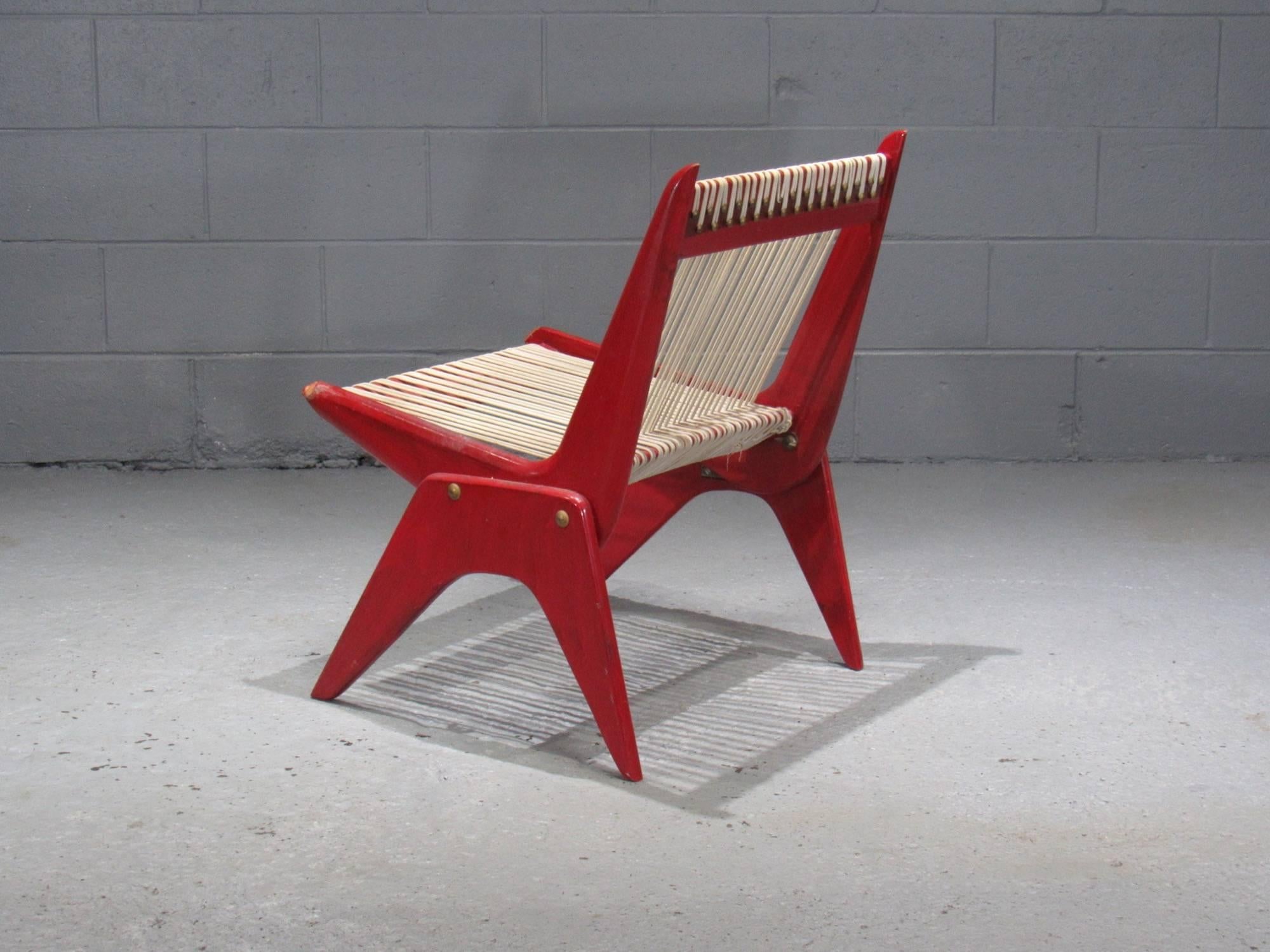 Red Painted Wood and Rope Scissor Chair 1