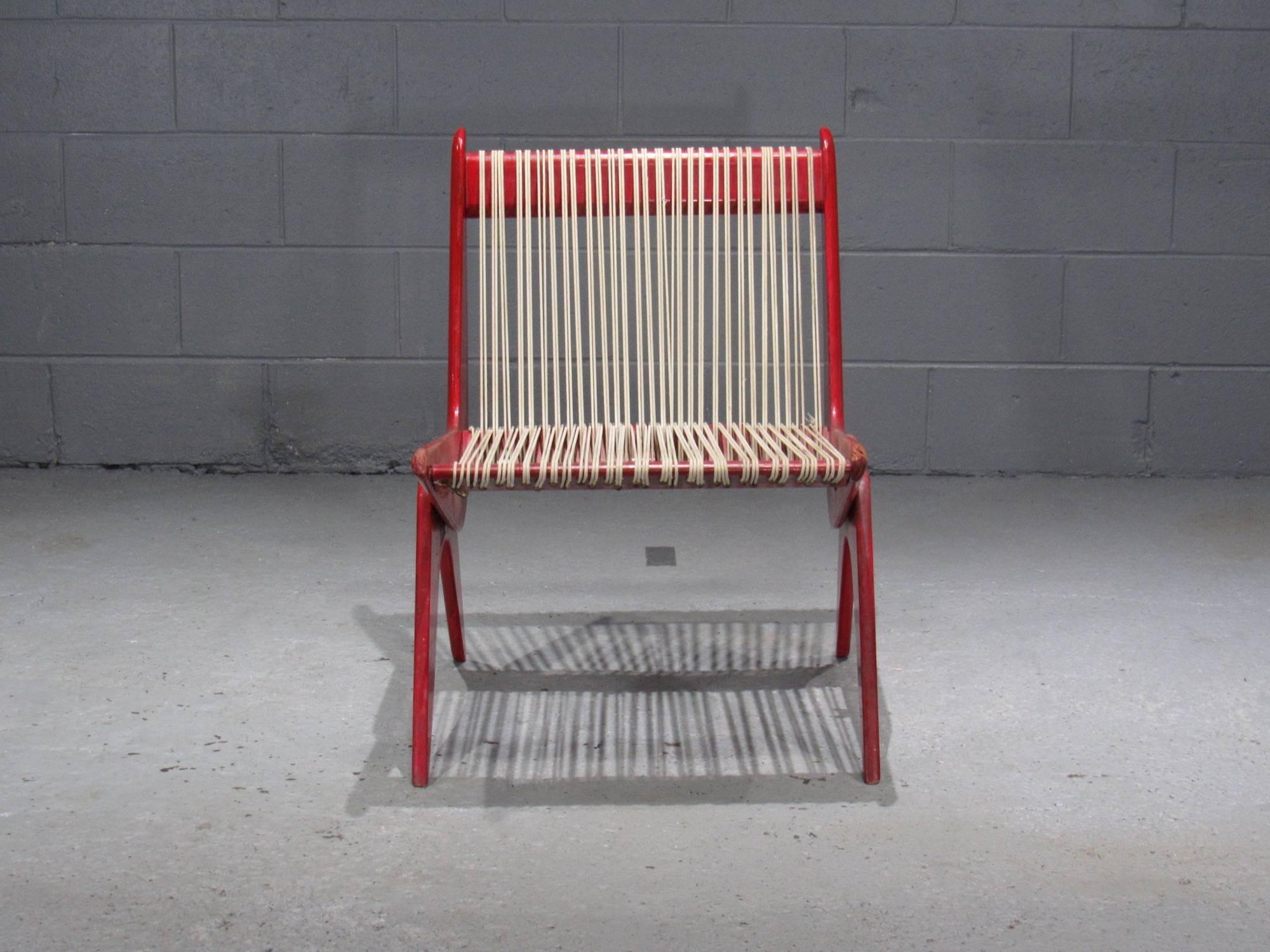 Red Painted Wood and Rope Scissor Chair. 