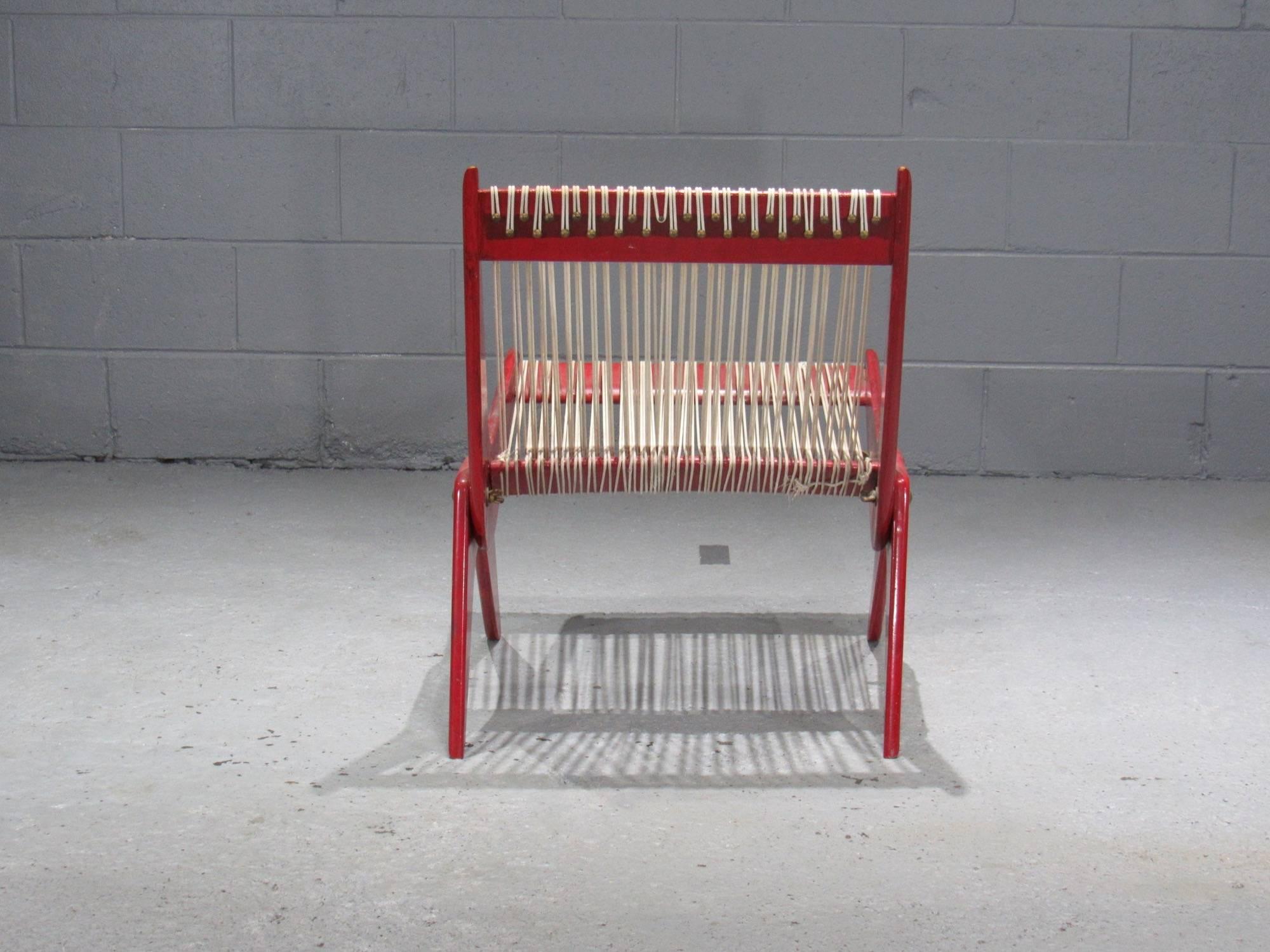 20th Century Red Painted Wood and Rope Scissor Chair