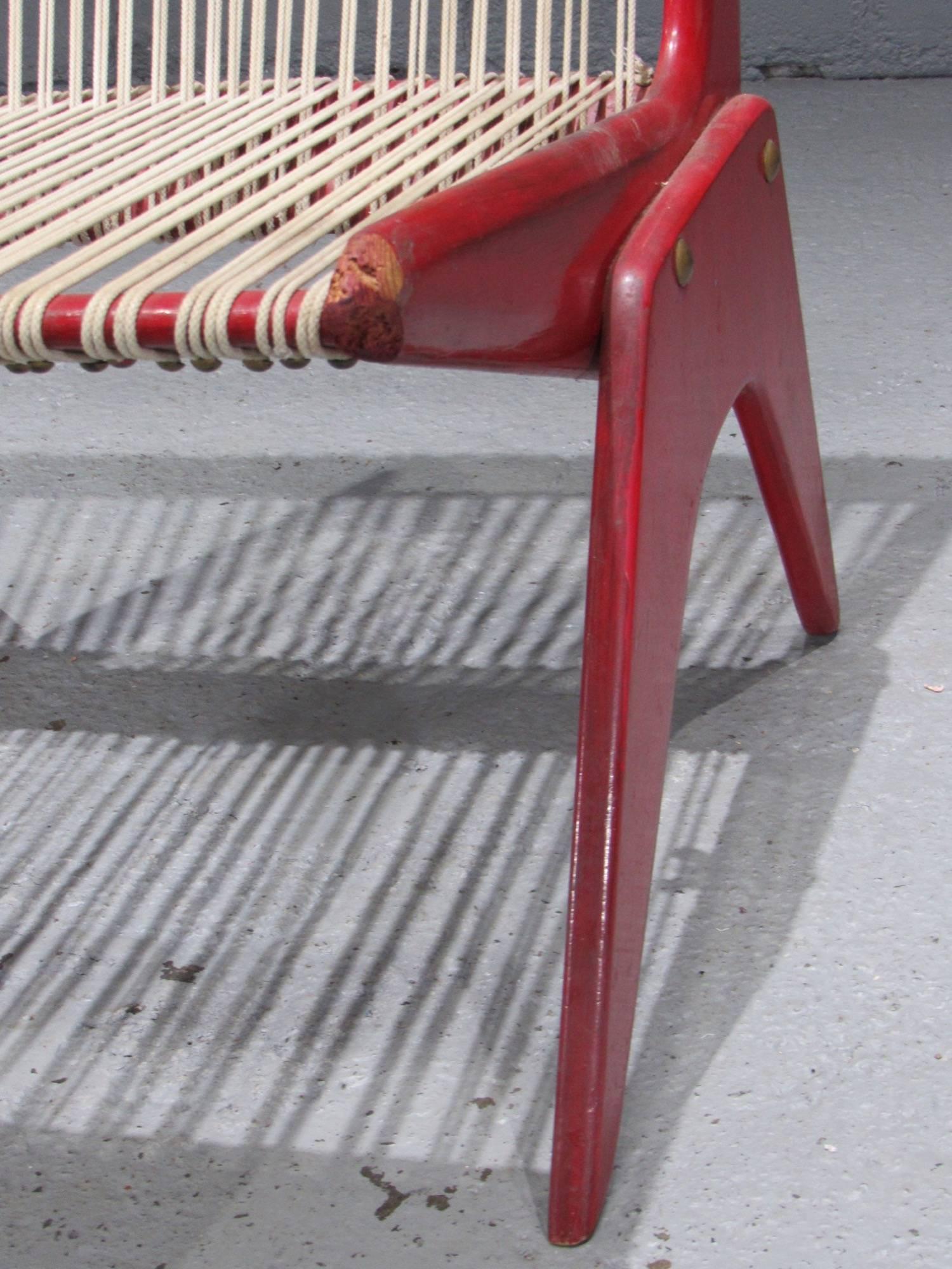 Red Painted Wood and Rope Scissor Chair 3