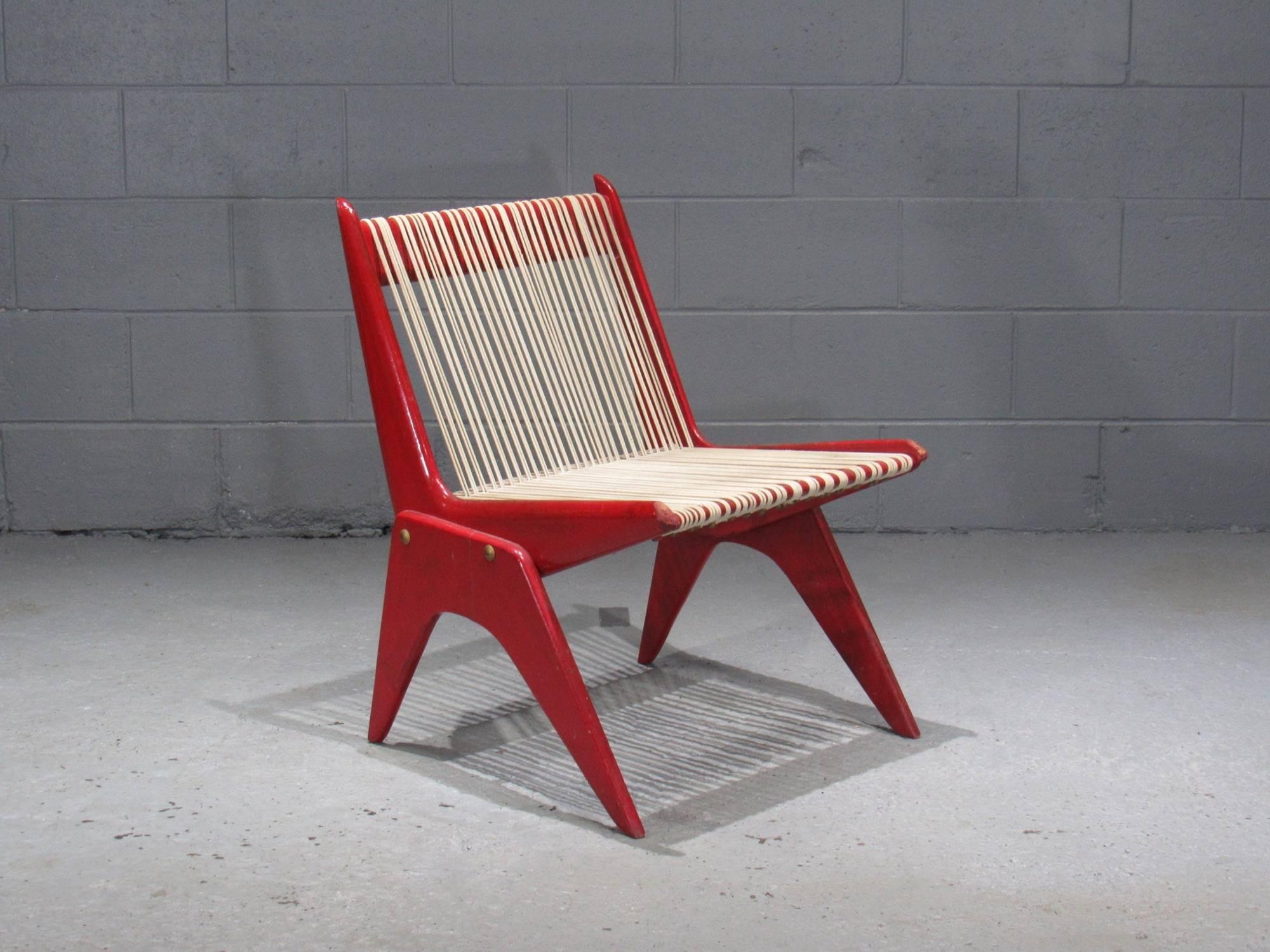 Mid-Century Modern Red Painted Wood and Rope Scissor Chair