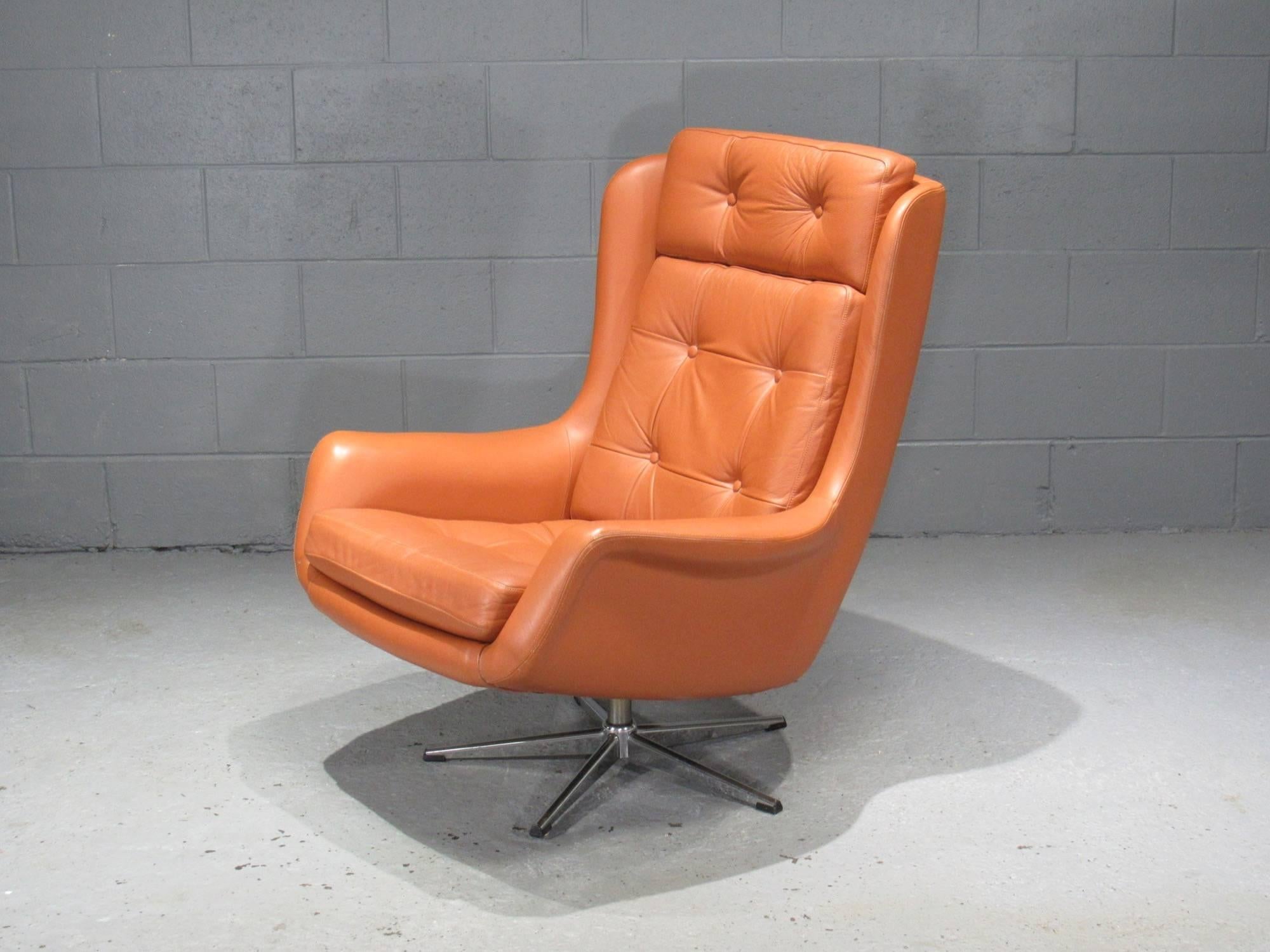 Mid-Century Modern Leather High Back Swivel Armchair