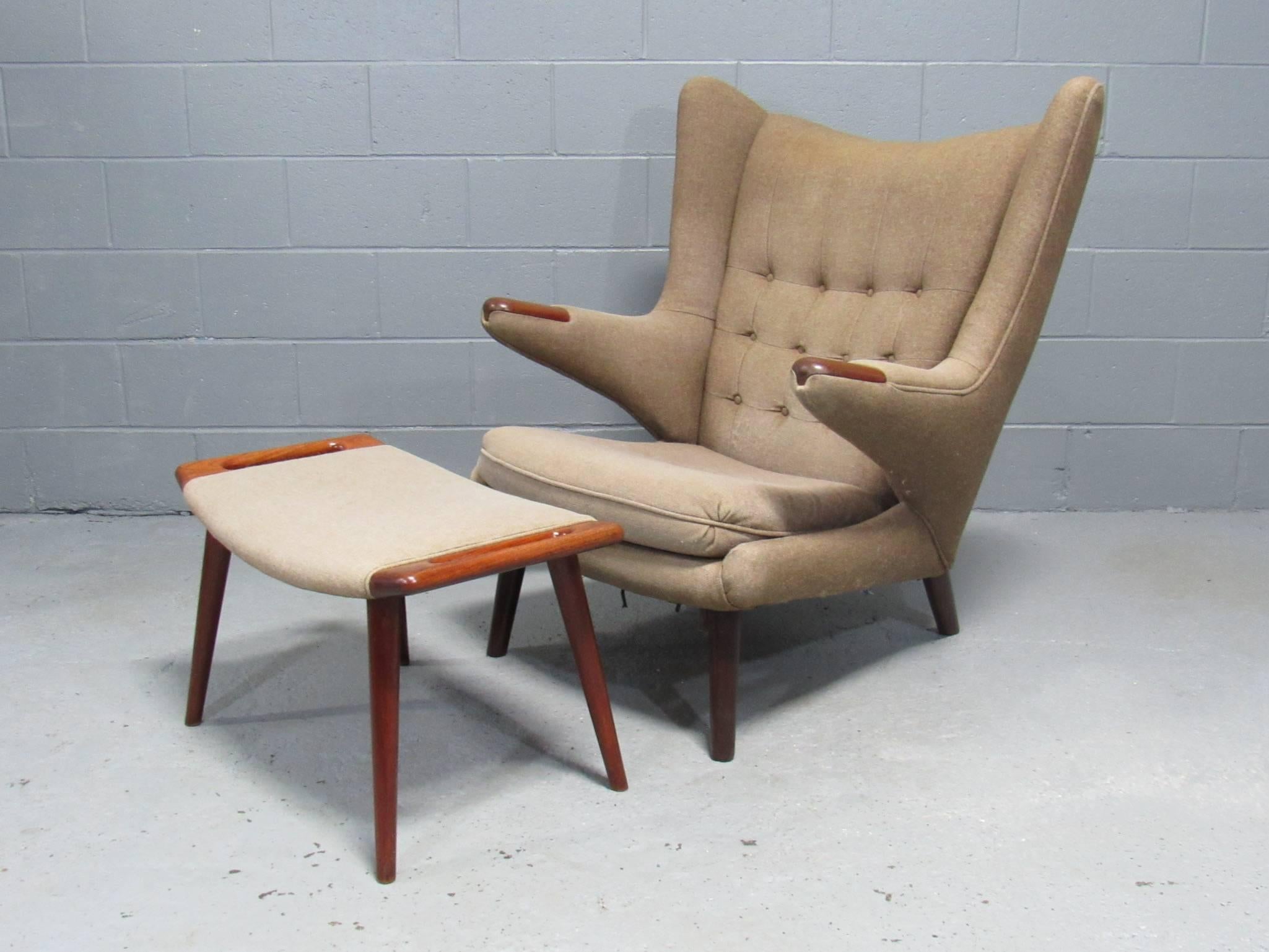 Teak 1950s Papa Bear Chair and Ottoman Model AP-19 by Hans Wegner for AP Stolen