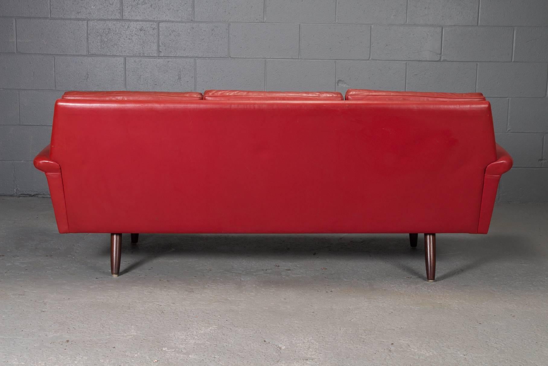 20th Century Red Leather Danish Modern Sofa