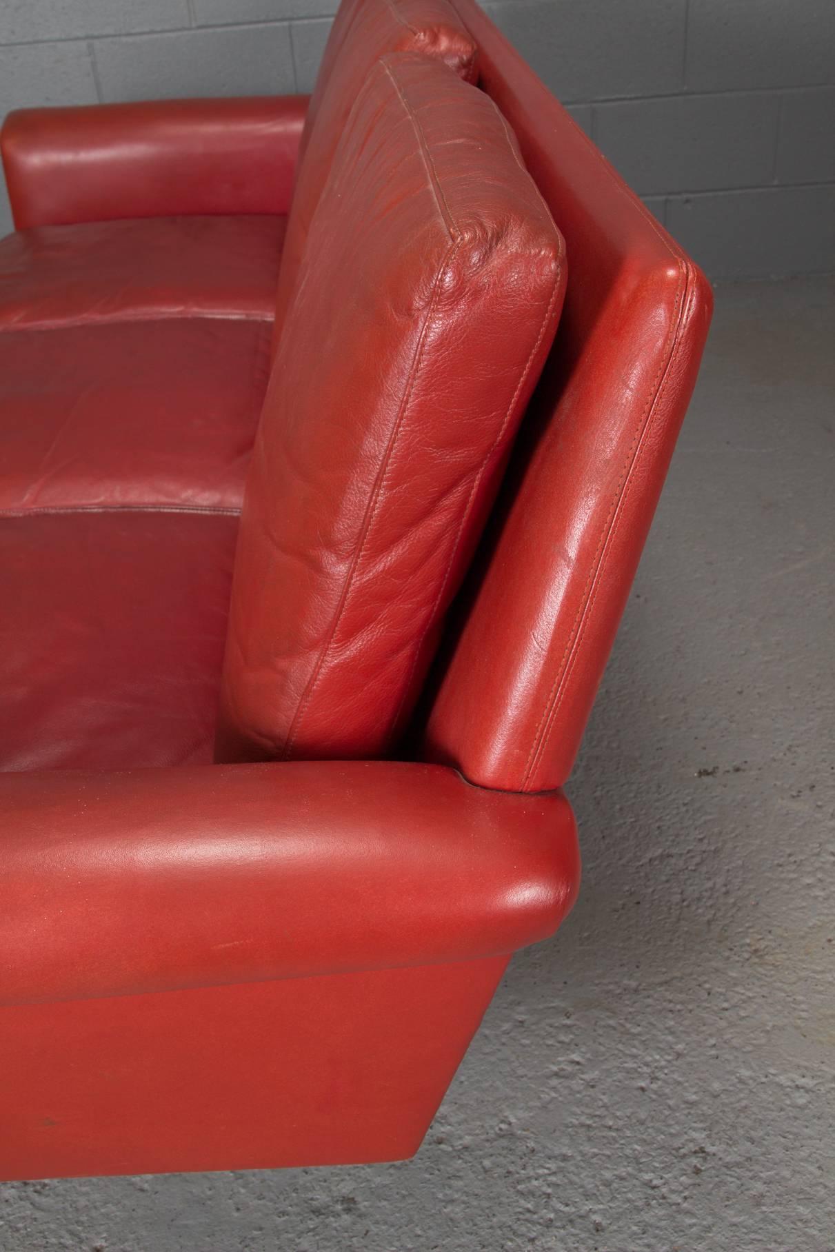 Red Leather Danish Modern Sofa 1
