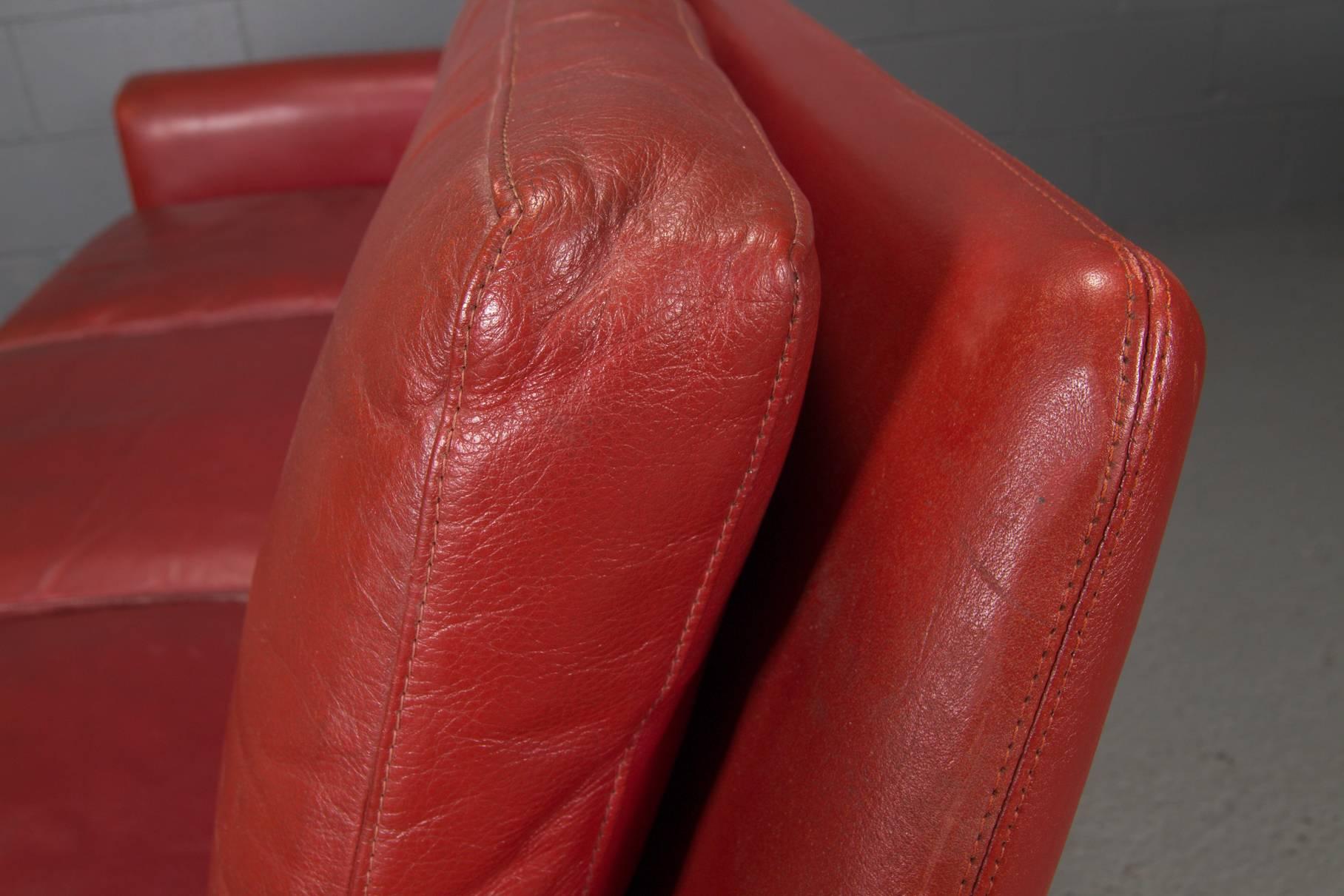 Red Leather Danish Modern Sofa 2