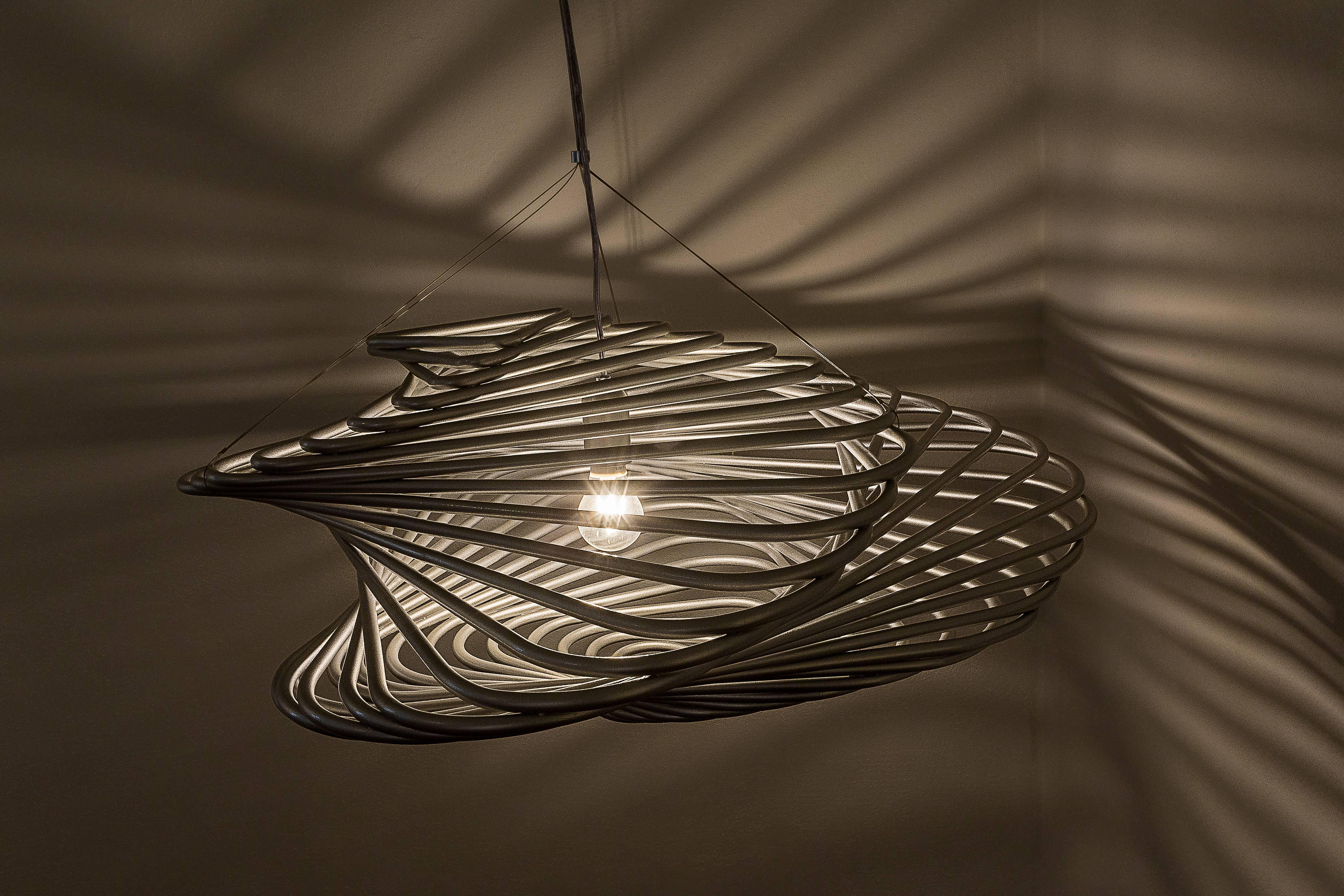 Futurist Pendant Lamp Light, Metallic Finishing, Organic Brazilian Design For Sale