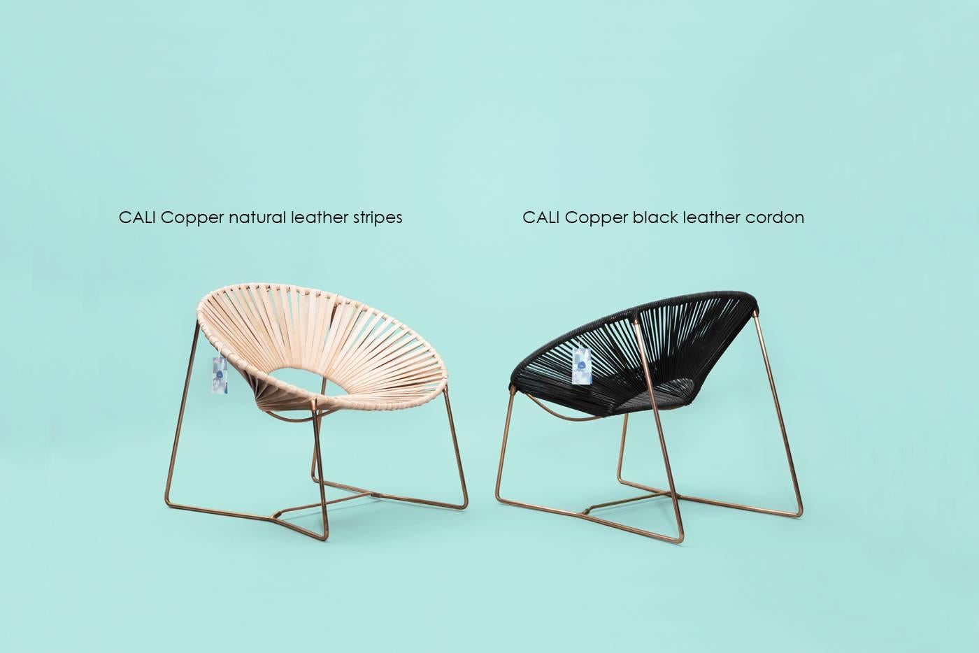 Hand-Woven Handwoven Midcentury Inspired Cali Lounge Chair, Copper Plating and Leather For Sale