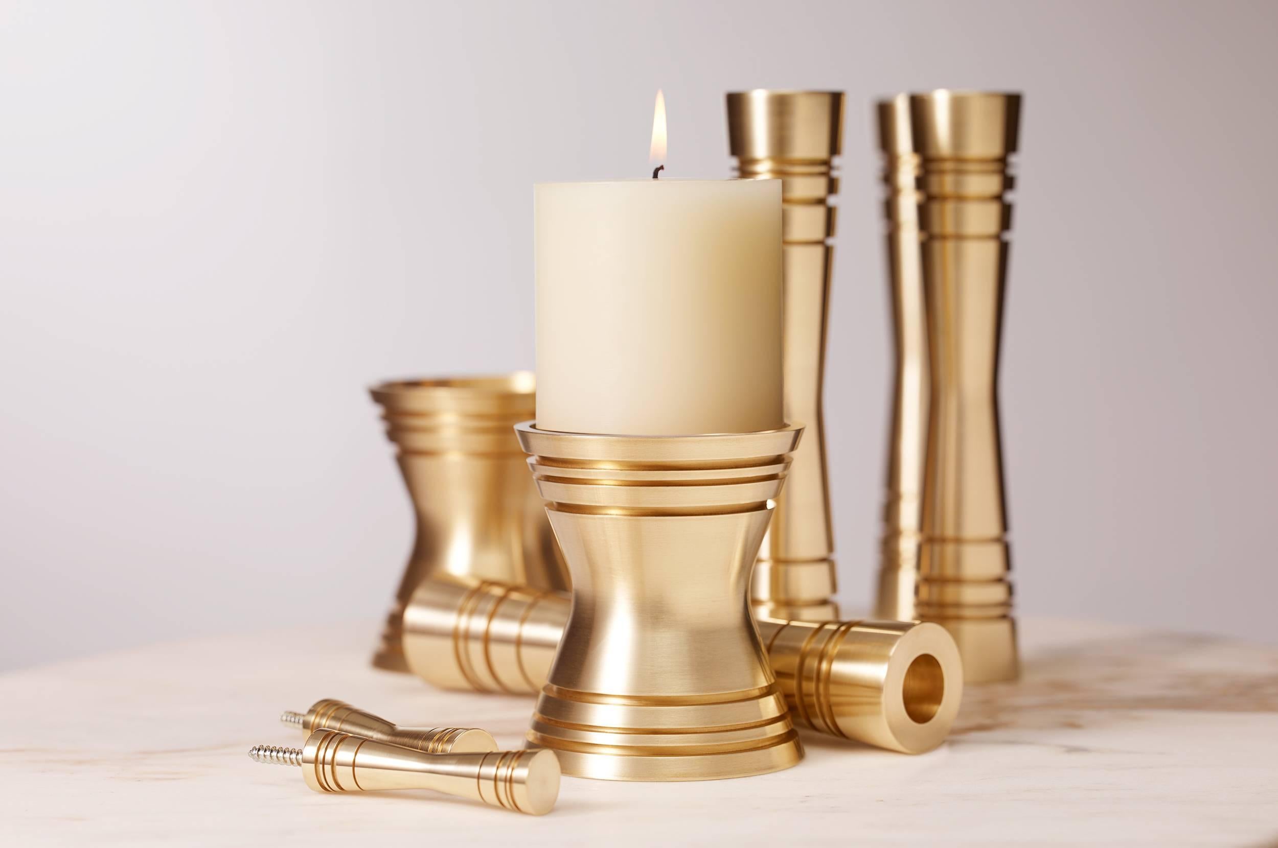 American Double Taper Solid Brass Pillar Candleholder 2017 by Post & Gleam For Sale