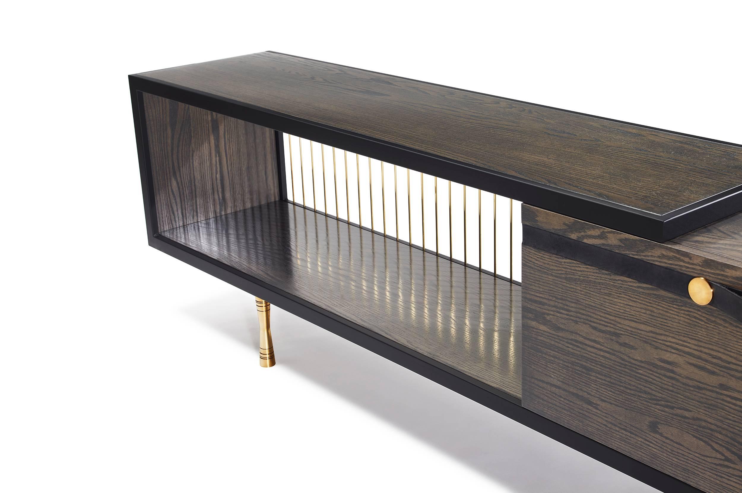 American Viga Console in Red Oak, Steel, Leather and Brass 2017 by Post & Gleam For Sale
