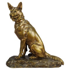 Animalier Gilt Bronze Study entitled "Seated Alsatian" by Louis Riché
