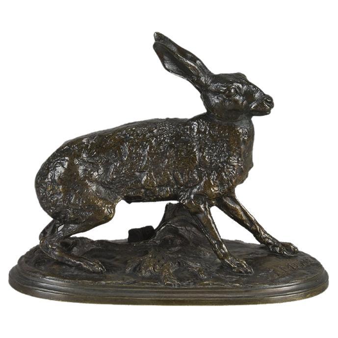 Mid 19th Century Animalier Bronze Study "Lièvre au Repos" by Pierre Jules Mêne For Sale