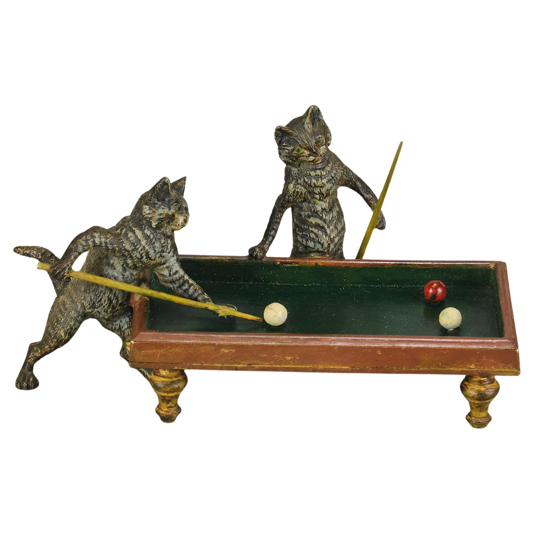 Early 20th Century Bronze Group "Cats Playing Billiards" by Franz Bergman For Sale