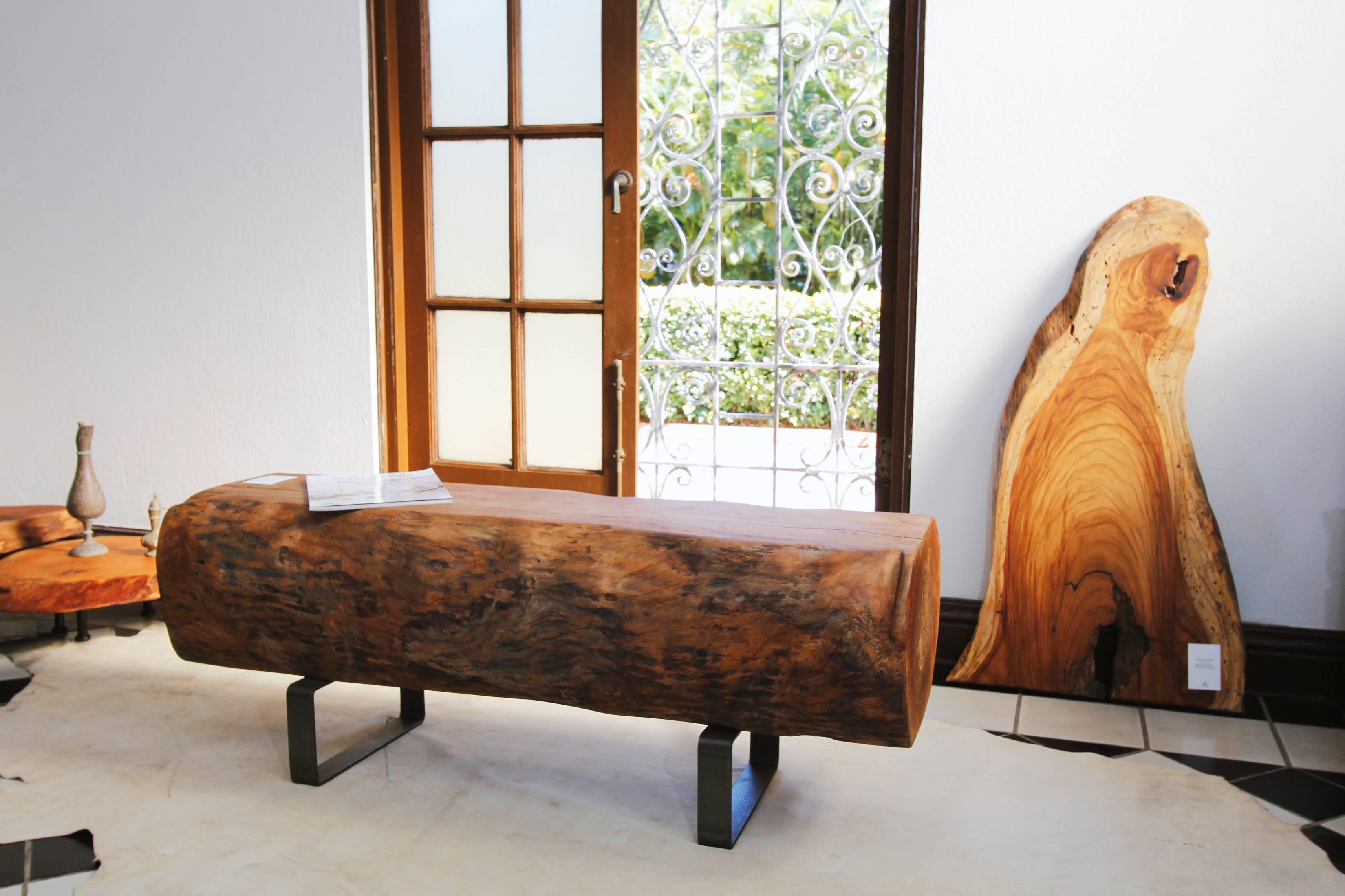 Hand-Crafted 21st Century Almendro Wood Black Steel Coffee Table or Seat by Herbeh Wood For Sale