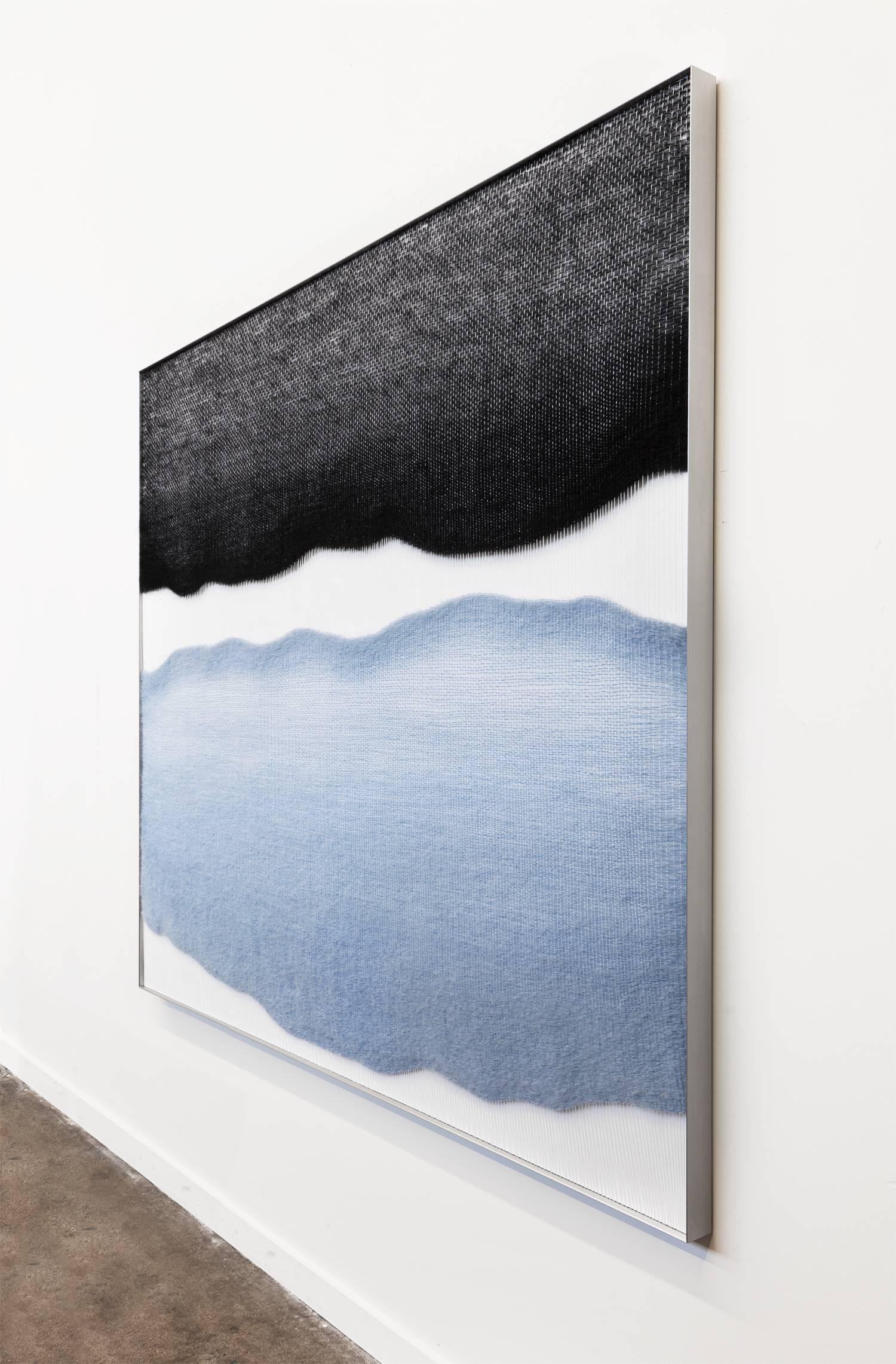 Minimalist Contemporary Handwoven Wall Fiber Art, Pale Blue and Black by Mimi Jung