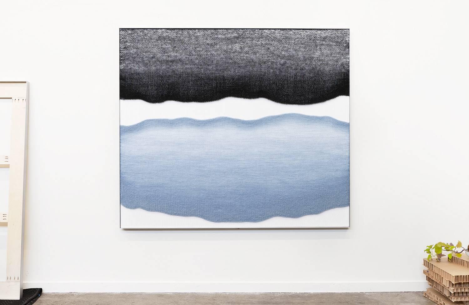 Brushed Contemporary Handwoven Wall Fiber Art, Pale Blue and Black by Mimi Jung