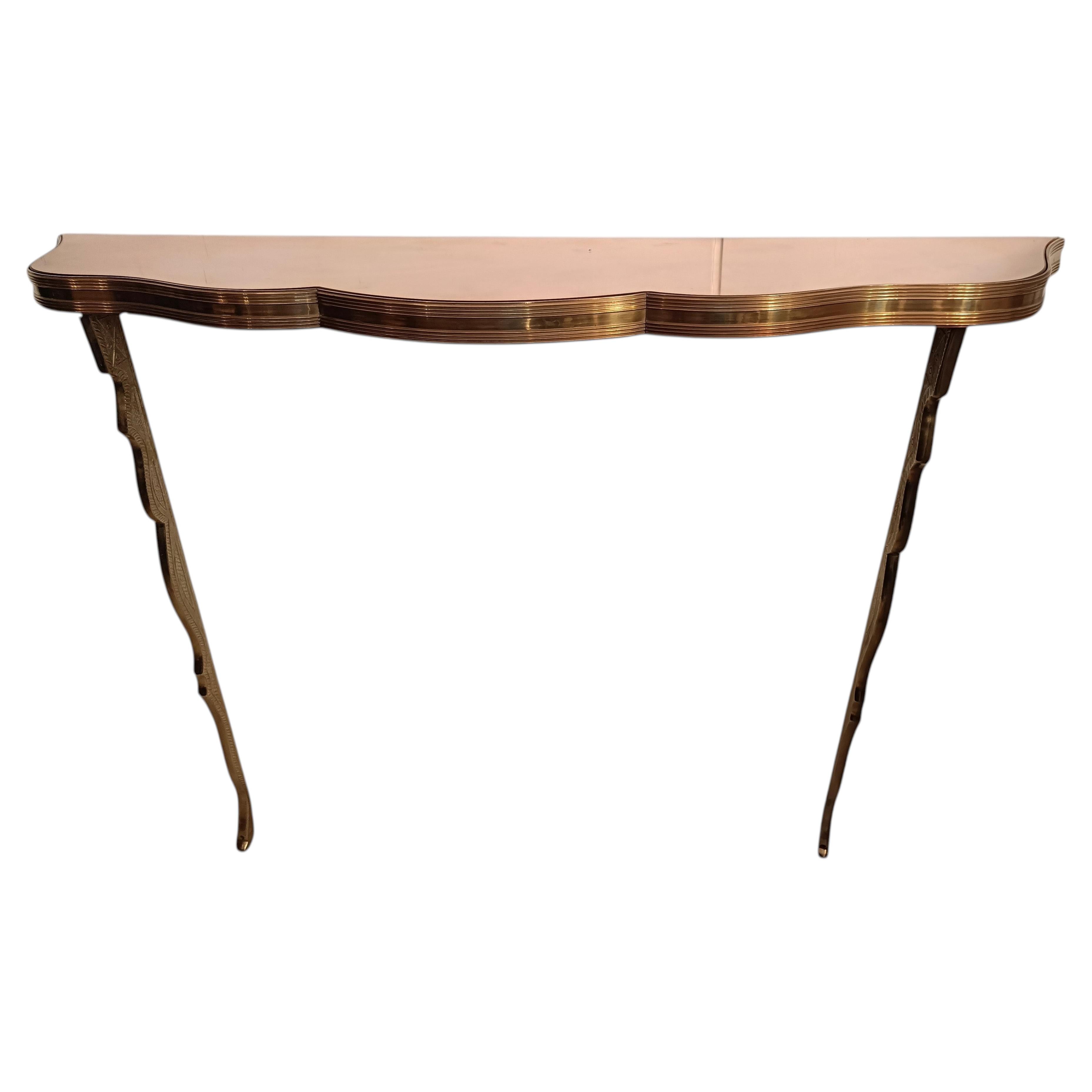 Brass Wall-Mounted Console Table with Pink Glass Top, Italy, 1940s For Sale