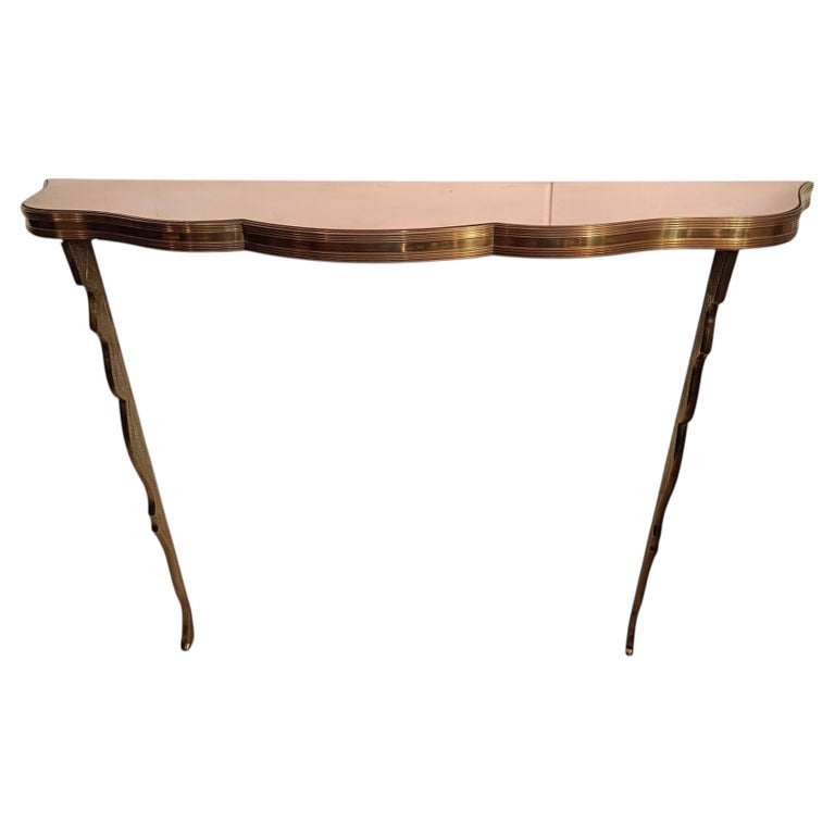 Brass Wall-Mounted Console Table with Pink Glass Top, Italy, 1940s