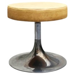 Round Stool in Light Brown Faux Leather with Chrome-Plated Tulip Base, Italy, 1970s