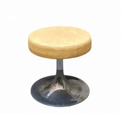 Round Stool in Light Brown Faux Leather with Chrome-Plated Tulip Base, Italy, 1970s
