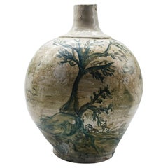 Hand-Painted Majolica Ceramic Bottle with a Landscape and Tree, 19th century