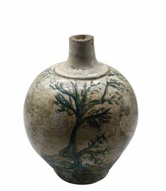 Hand-Painted Majolica Ceramic Bottle with a Landscape and Tree, 19th century