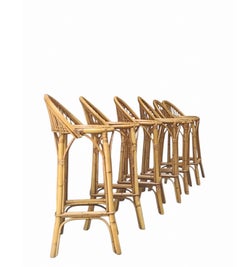 Franco Albini Attrib. Set of 6 Tall Bar Stools in Rattan and Bamboo, 1960s