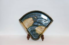 Japanese Dark Green Ceramic Oribe Ware Fan Plate, 1950s