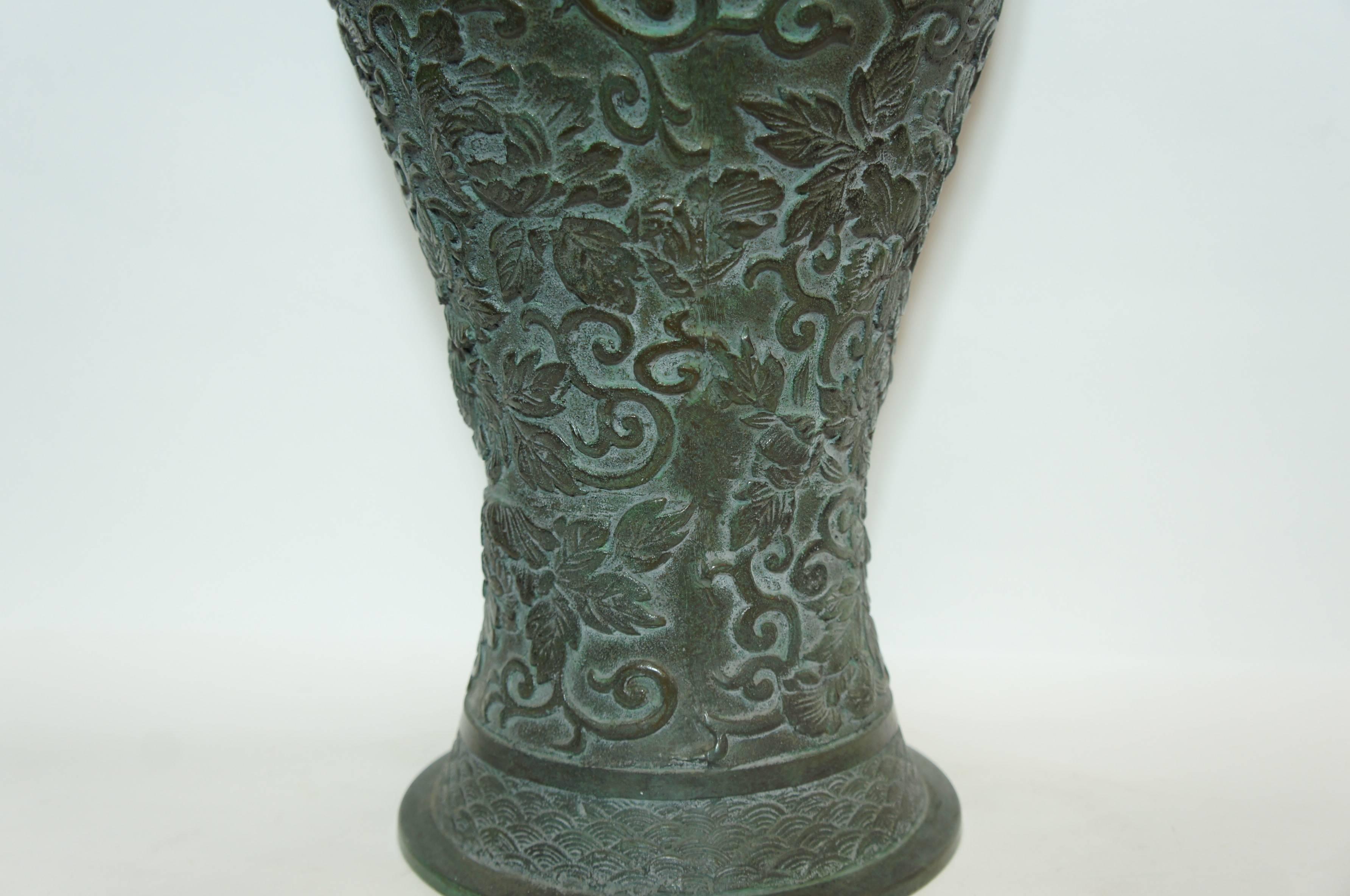 Cast Japanese Floral and Leaf Vine Motife on Bronze Ikebana Vase, 1950s For Sale