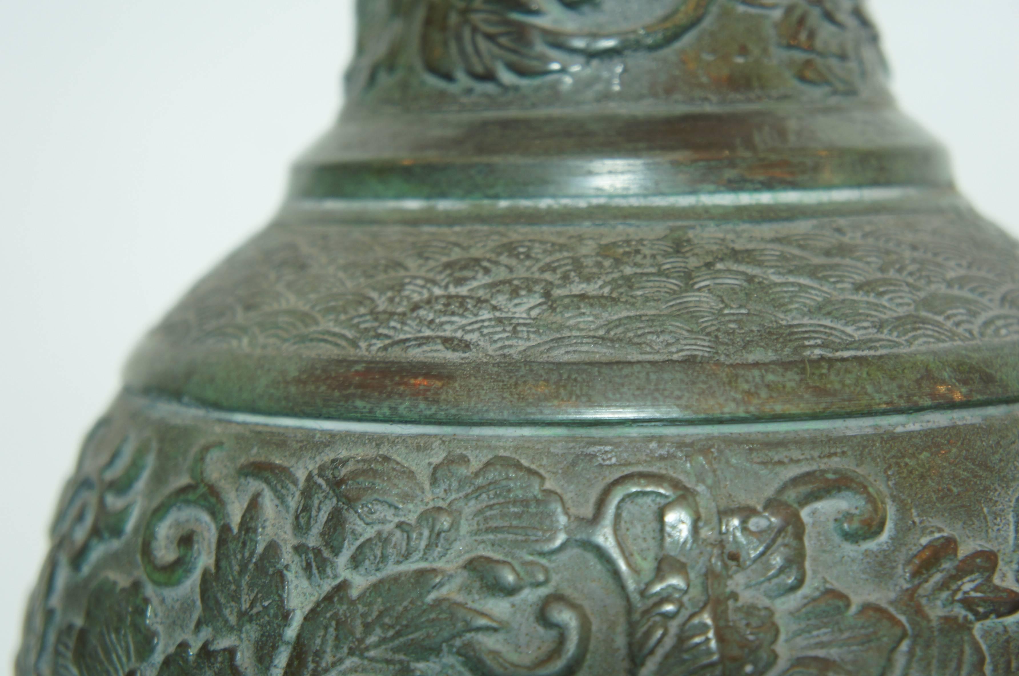 Japanese Floral and Leaf Vine Motife on Bronze Ikebana Vase, 1950s For Sale 2