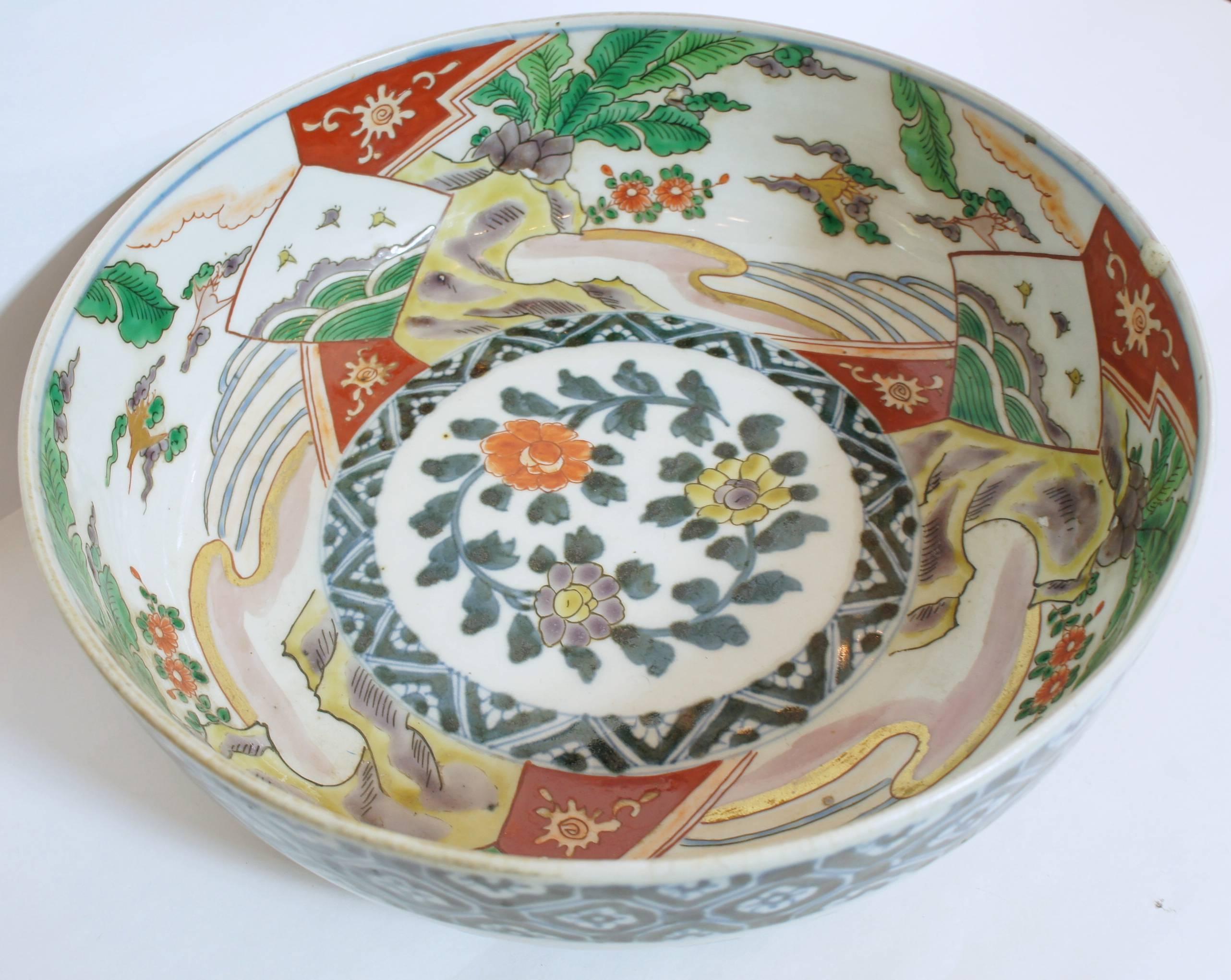 Edo Japanese Colorful Landscape and Floral Motif on Ceramic Koimari Ware Bowl, 1800s