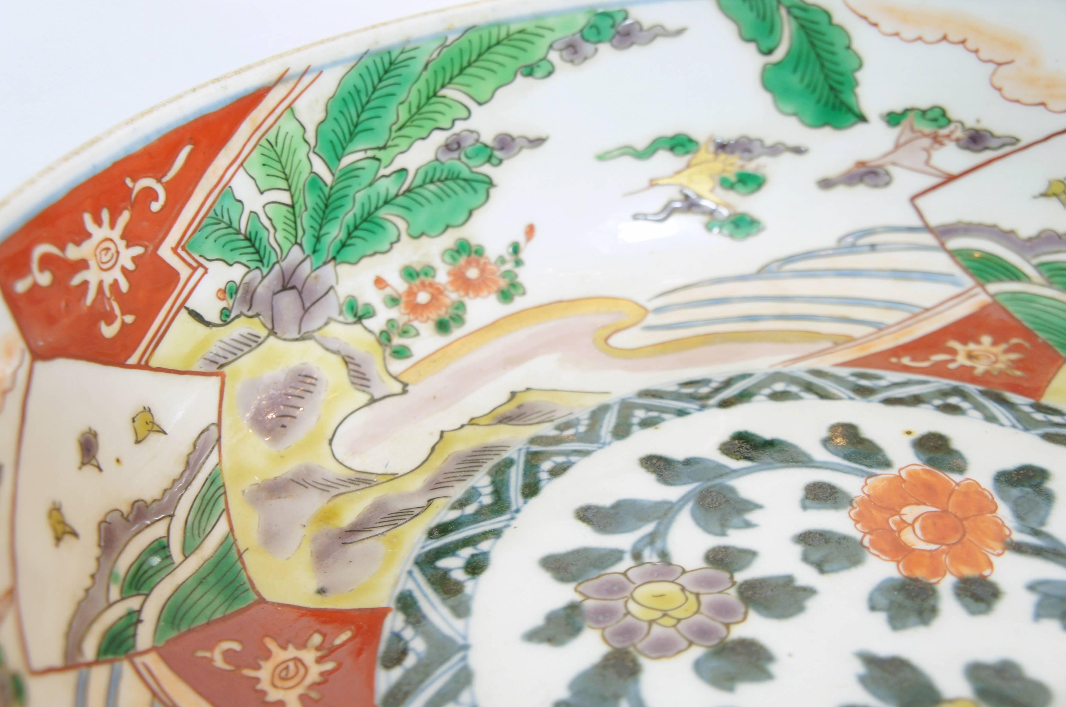 19th Century Japanese Colorful Landscape and Floral Motif on Ceramic Koimari Ware Bowl, 1800s