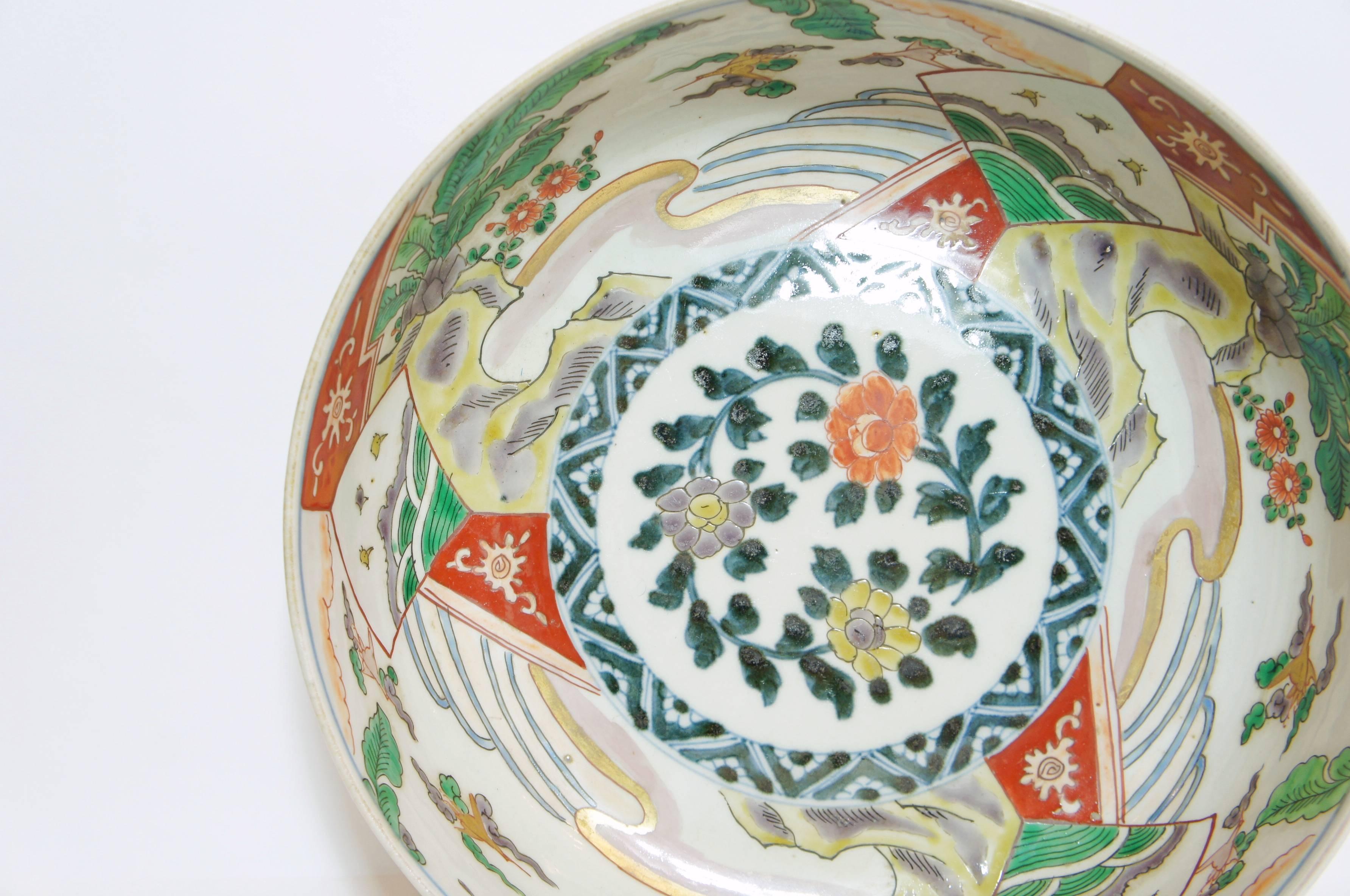 Hand-Crafted Japanese Colorful Landscape and Floral Motif on Ceramic Koimari Ware Bowl, 1800s