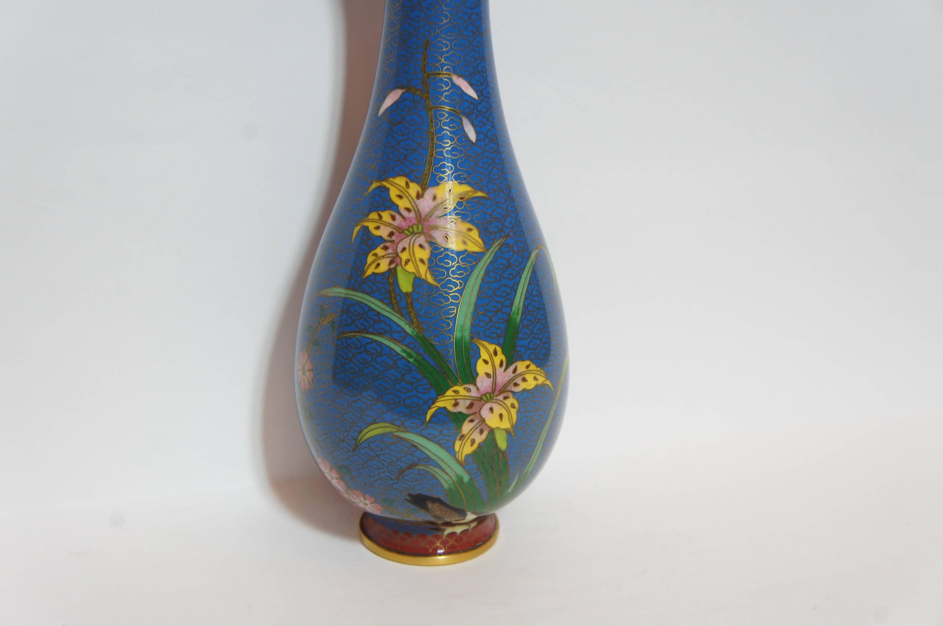Mid-20th century Chinese cloisonne blue vase painted flower, Showa period.